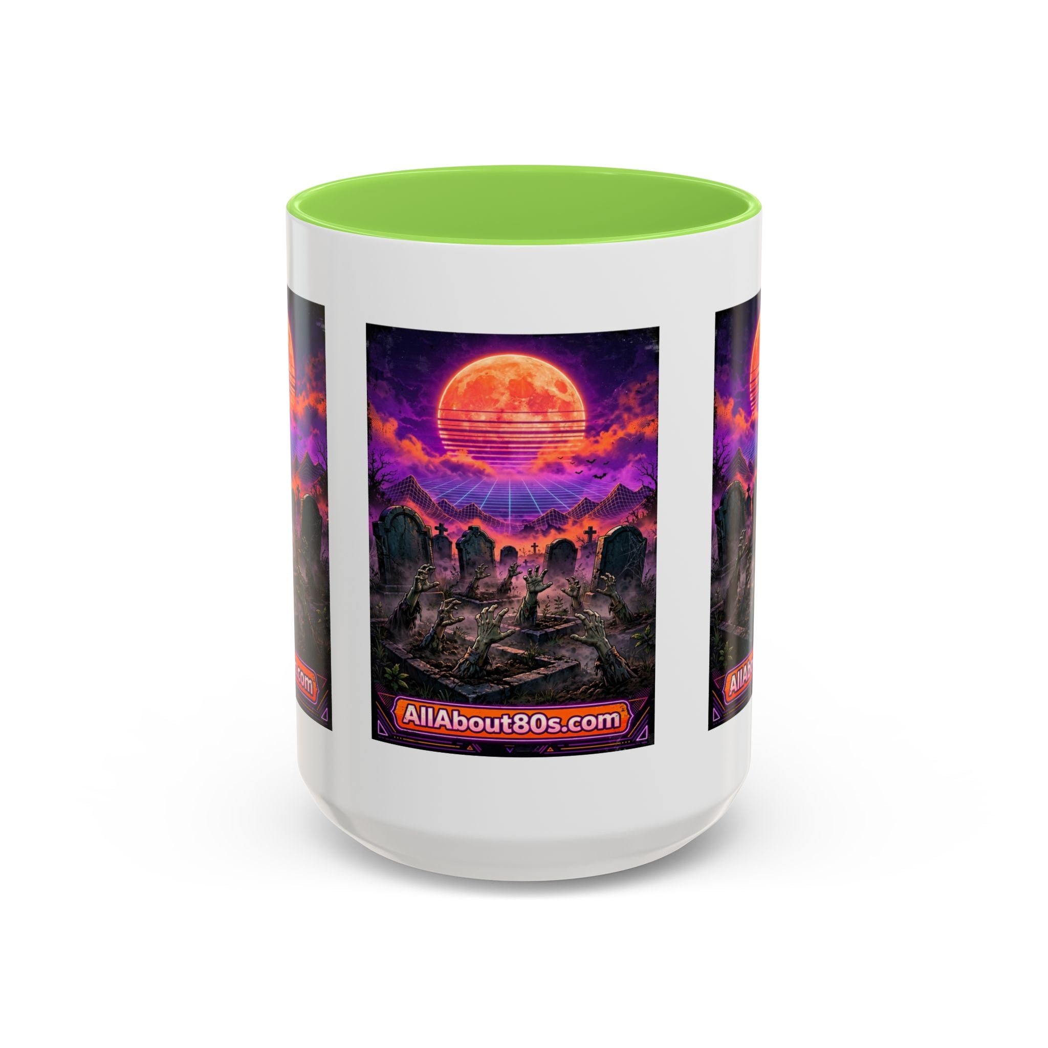 80s Retro Graveyard Sunset Mug — Vaporwave Neon Coffins Coffee Cup (11oz/15oz)