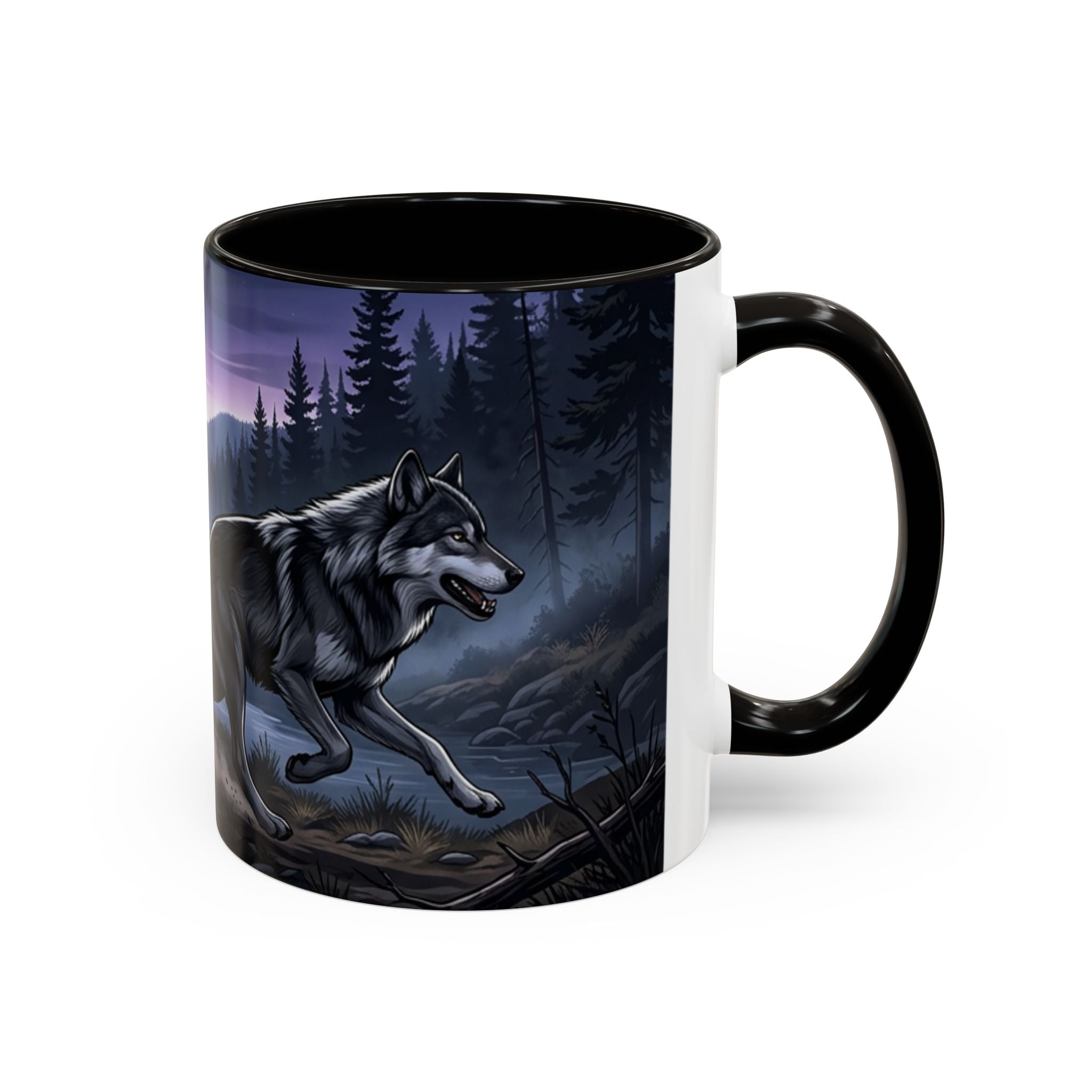 Wolf Pack Nightscape Mug — 11oz/15oz Scenic Black-Interior Coffee Cup