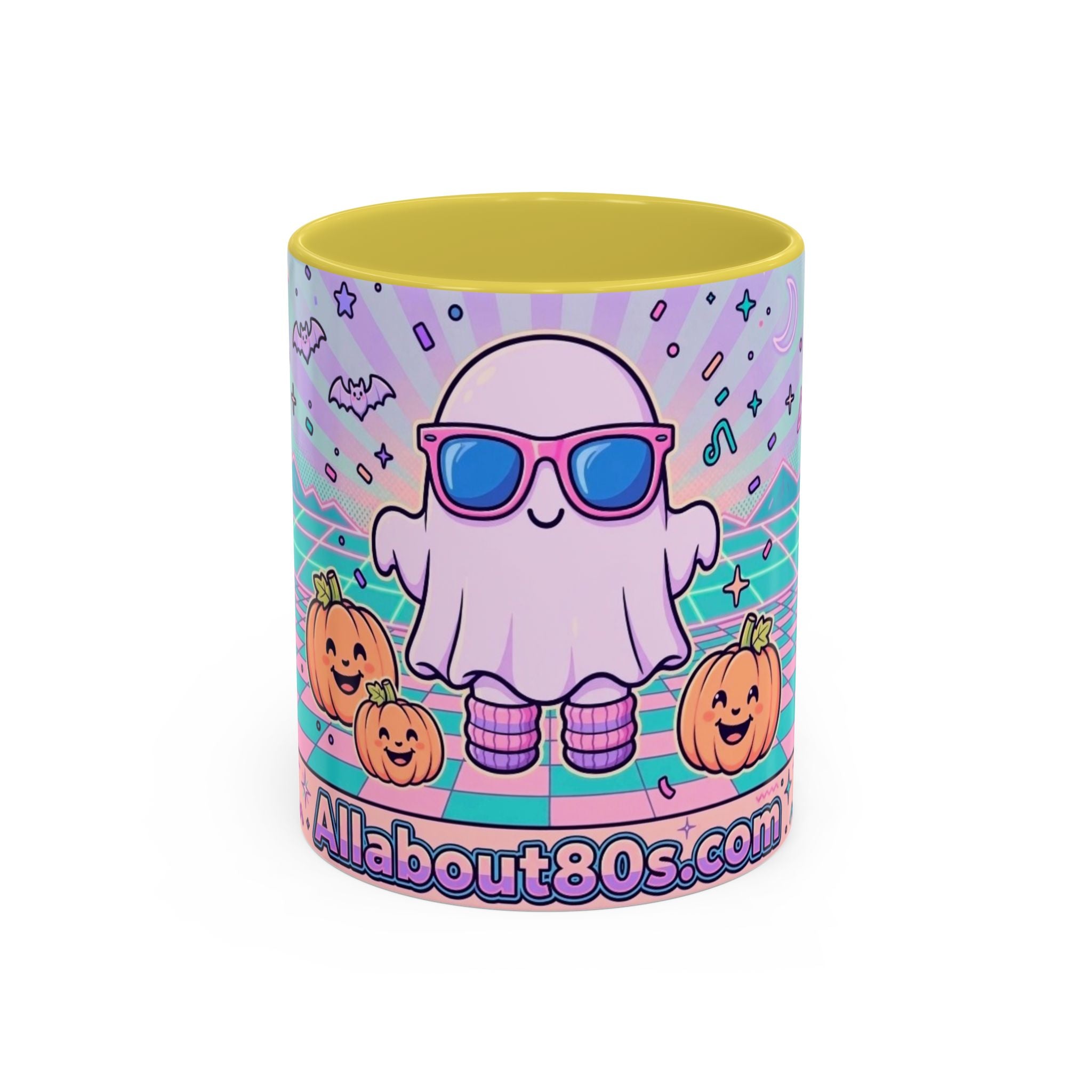 80s Vaporwave Ghost Coffee Mug — Cute Halloween Pumpkin Retro Design (11oz/15oz)