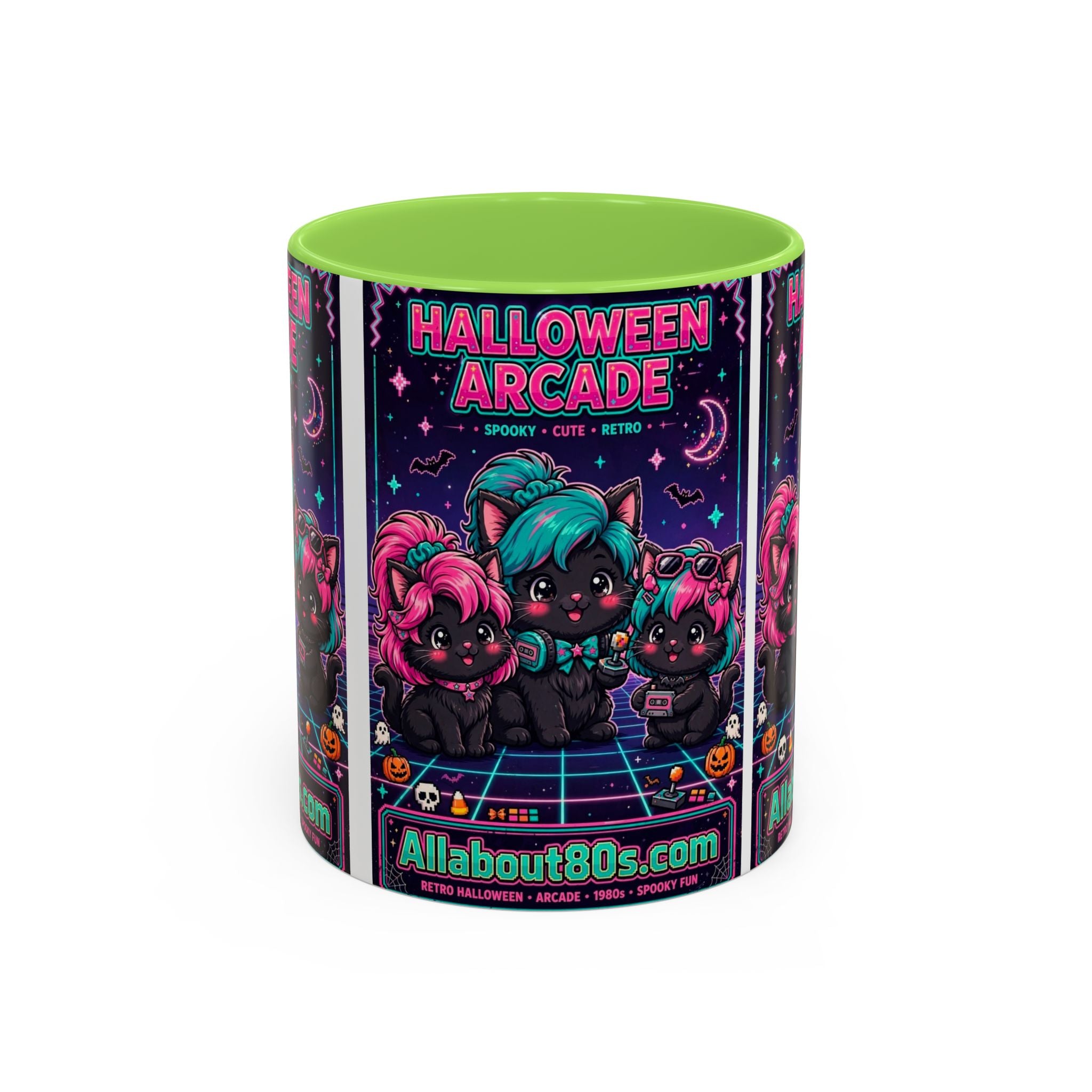 Halloween Arcade Mug — Cute Retro 80s Cat Gamers (11oz/15oz)