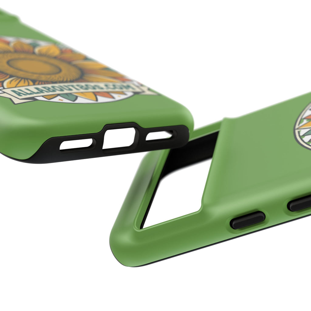 Sunflower Tough Phone Case – Green Floral Protective Case with "AllAbout80s.com" Banner