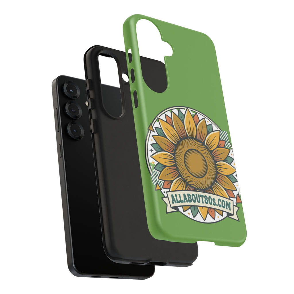 Sunflower Tough Phone Case – Green Floral Protective Case with "AllAbout80s.com" Banner
