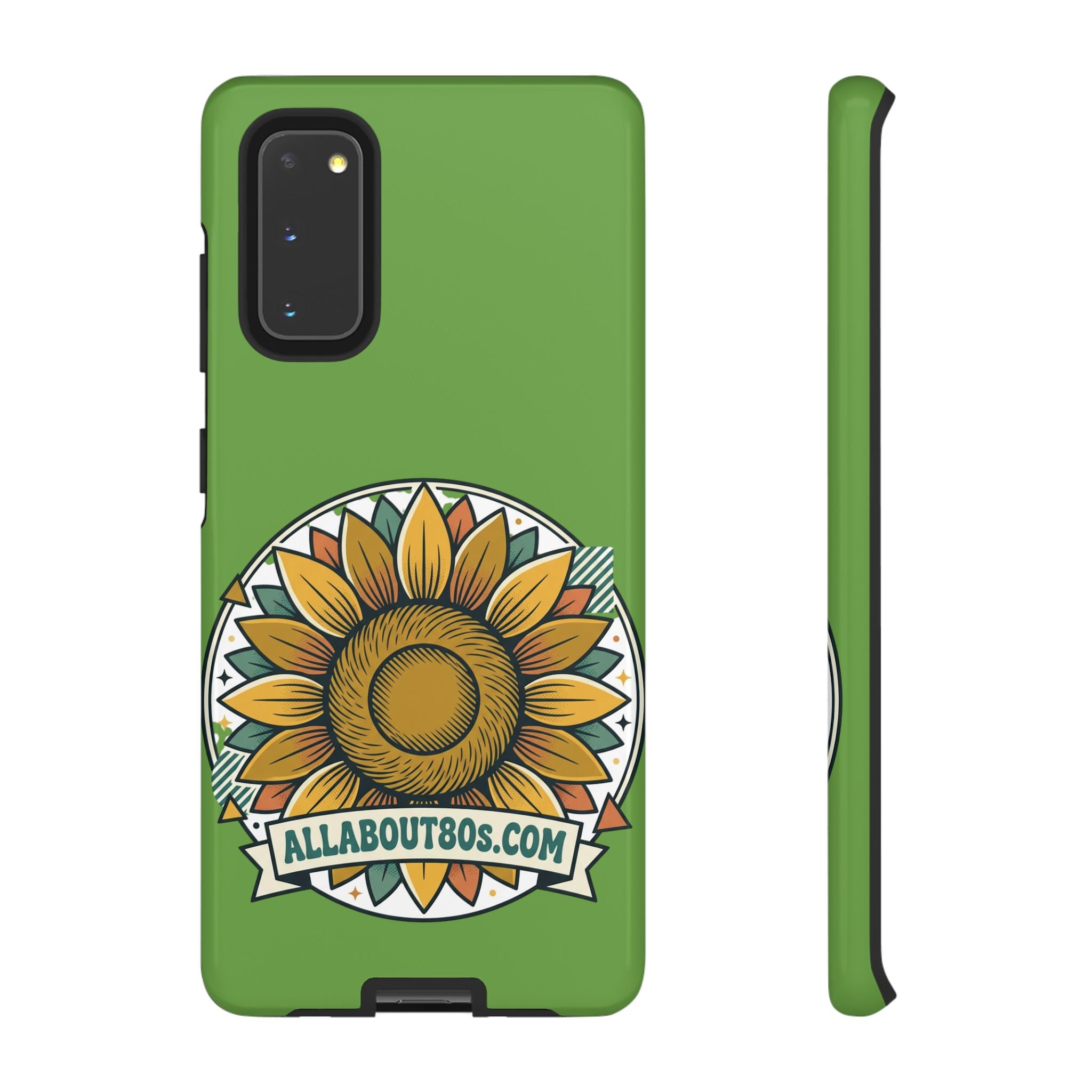 Sunflower Tough Phone Case – Green Floral Protective Case with "AllAbout80s.com" Banner