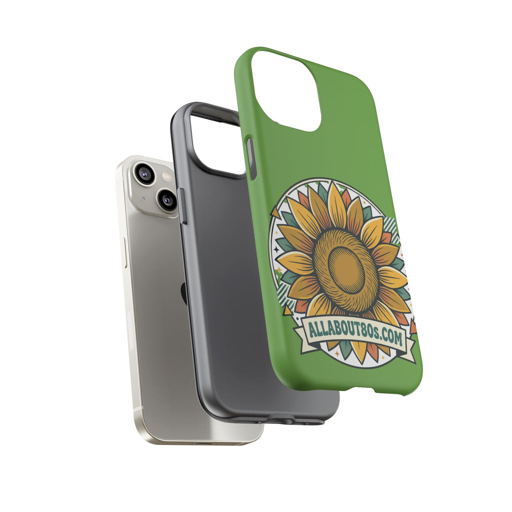 Sunflower Tough Phone Case – Green Floral Protective Case with "AllAbout80s.com" Banner