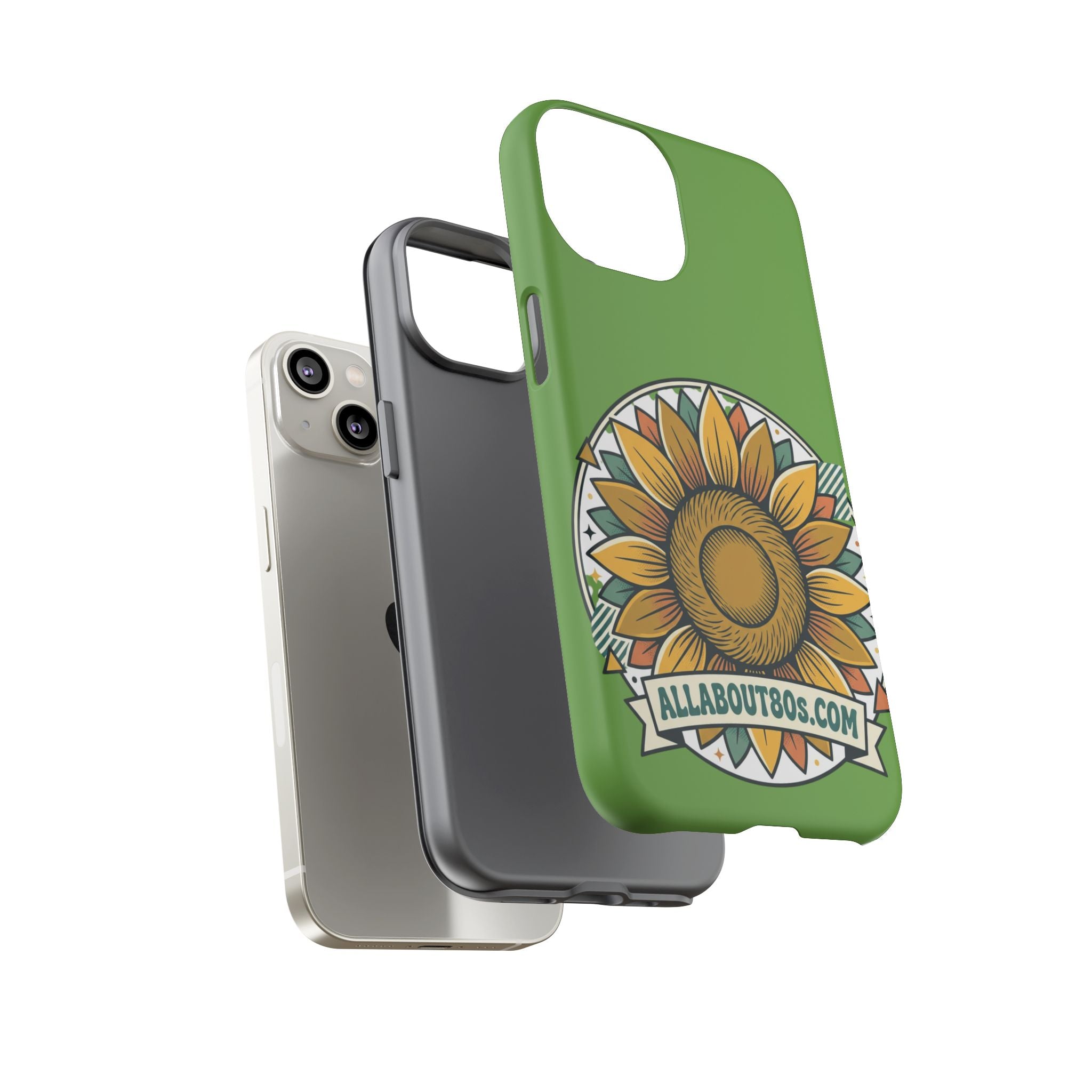 Sunflower Tough Phone Case – Green Floral Protective Case with "AllAbout80s.com" Banner
