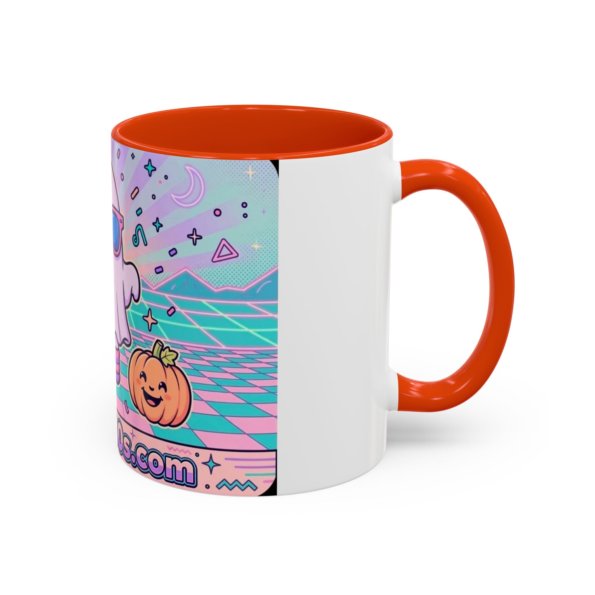 80s Vaporwave Ghost Coffee Mug — Cute Halloween Pumpkin Retro Design (11oz/15oz)