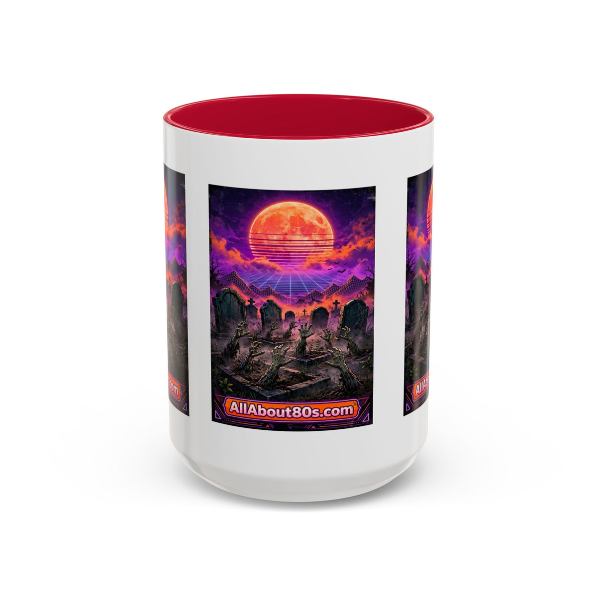 80s Retro Graveyard Sunset Mug — Vaporwave Neon Coffins Coffee Cup (11oz/15oz)