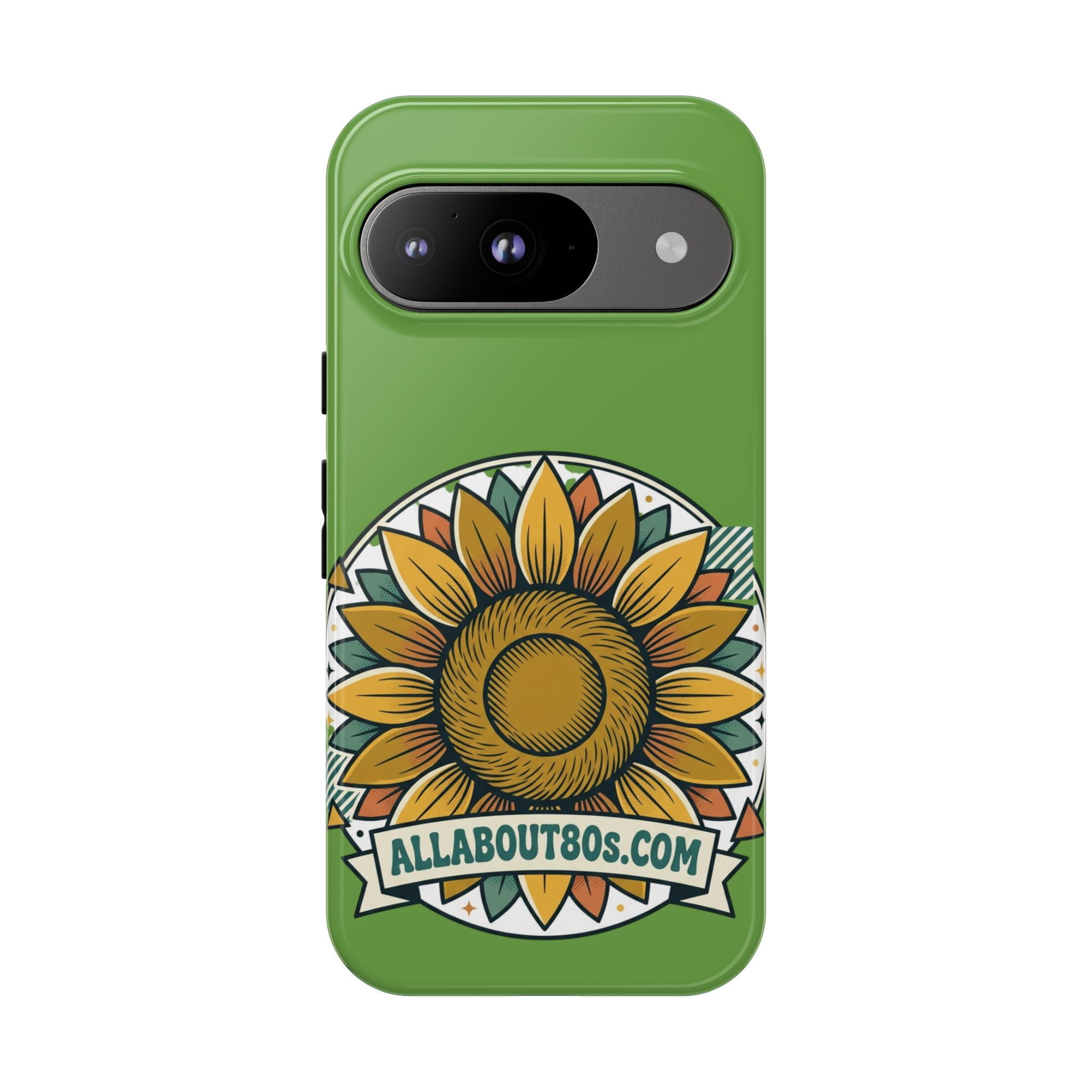 Sunflower Tough Phone Case – Green Floral Protective Case with "AllAbout80s.com" Banner