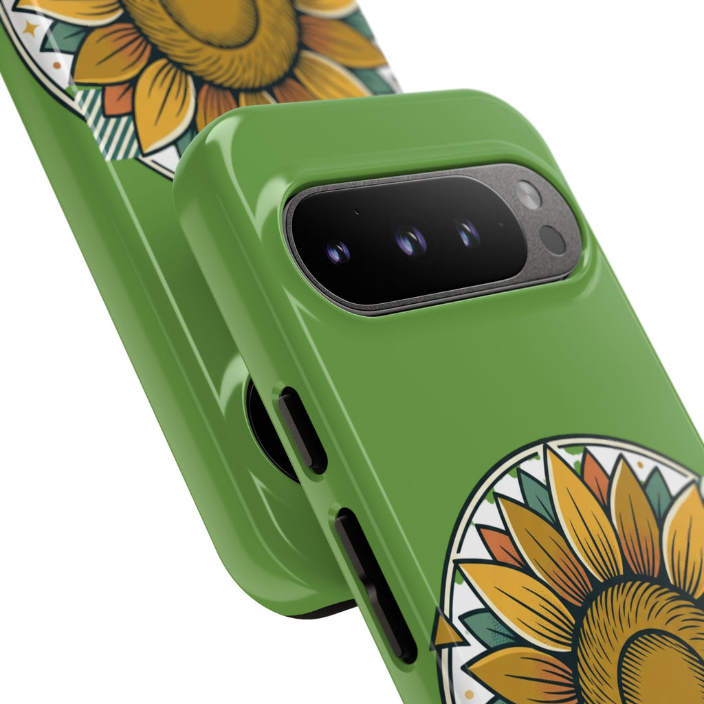 Sunflower Tough Phone Case – Green Floral Protective Case with "AllAbout80s.com" Banner