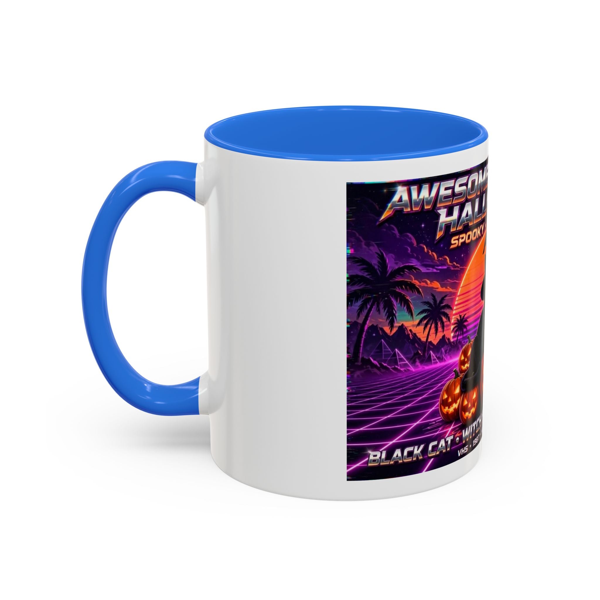 Halloween Retro Cat Mug — Neon 80s Spooky Pumpkin Coffee Cup (11oz/15oz)