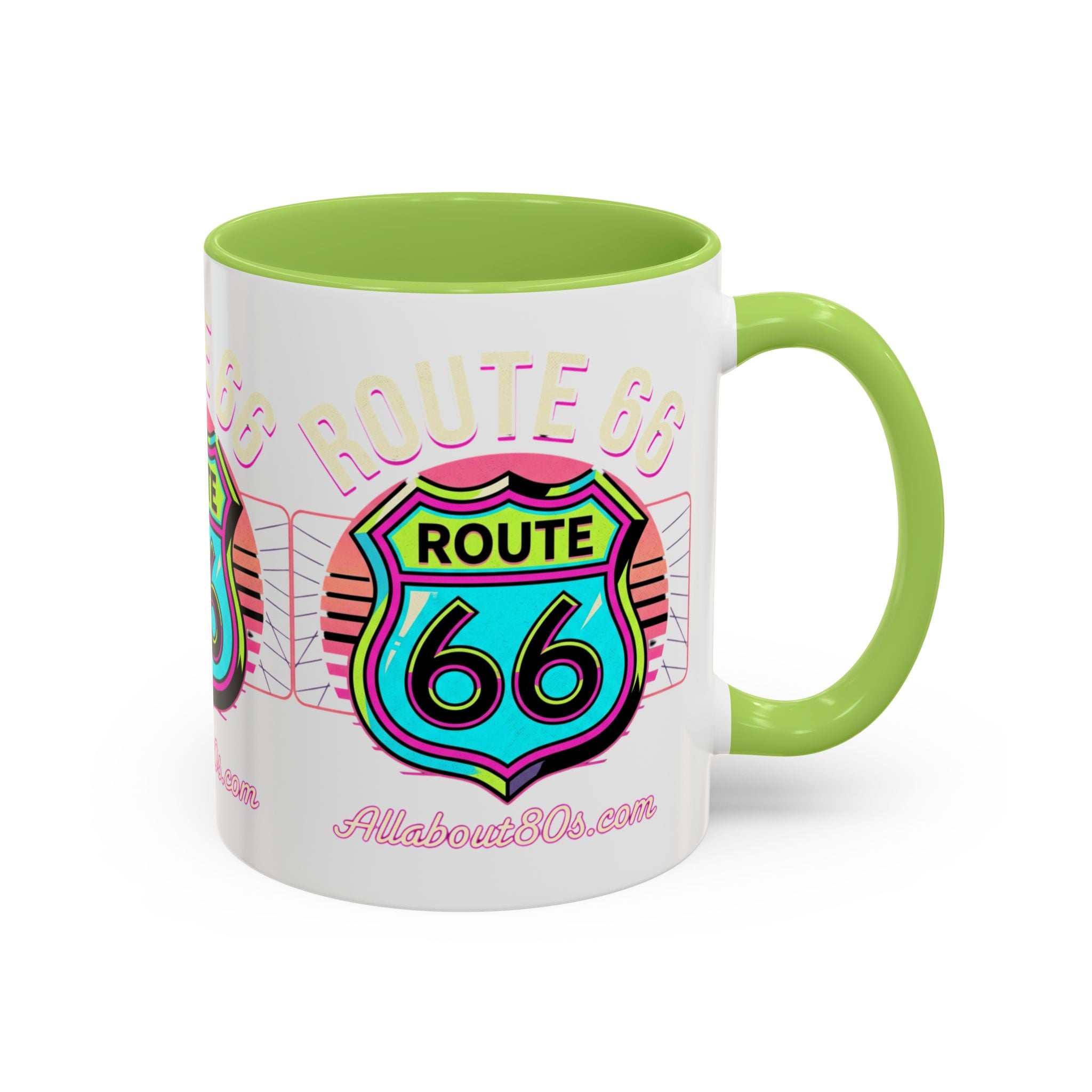 Route 66 Neon Shield Accent Coffee Mug — Retro Road Trip Travel Gift (11/15 oz)