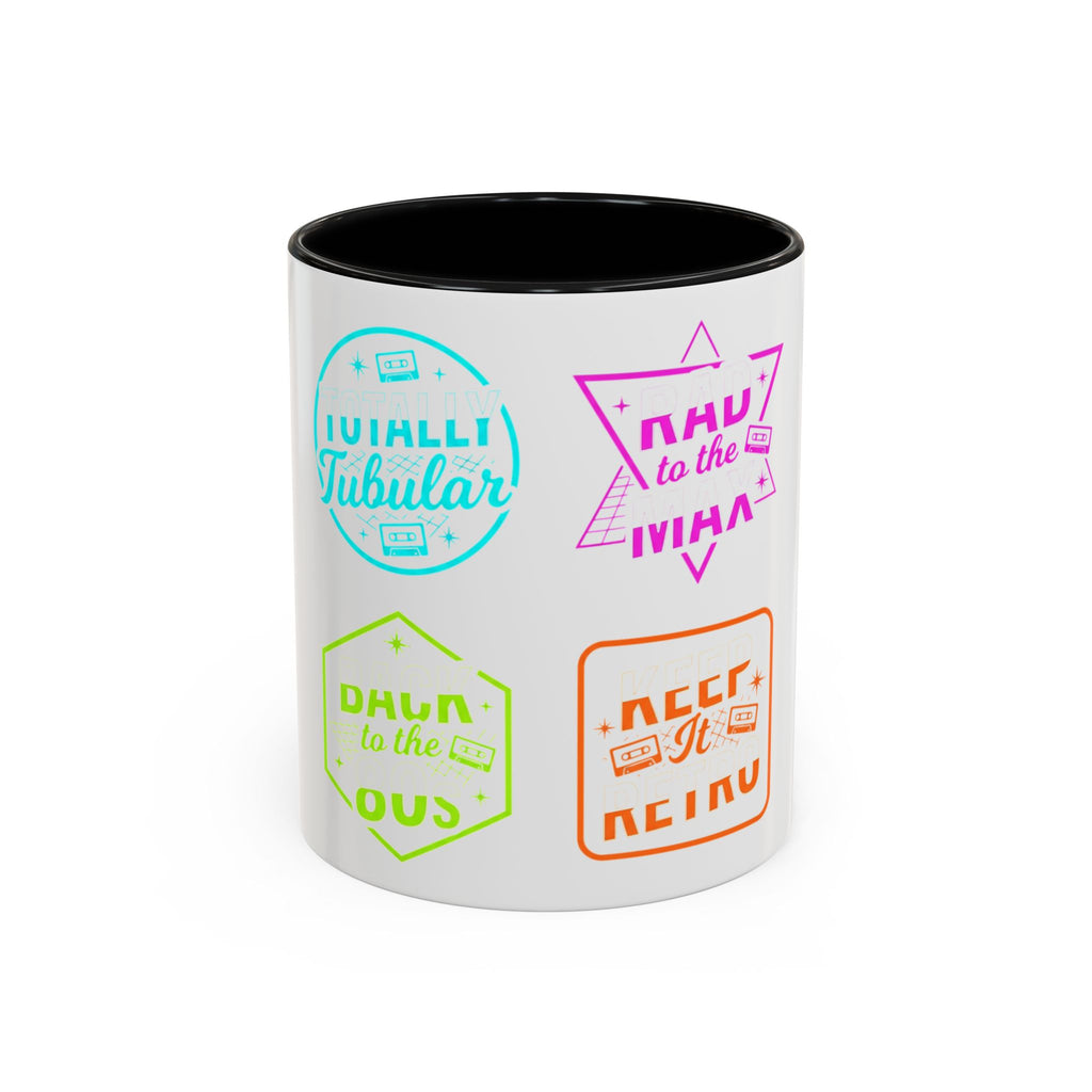 Retro Gamer Badge Accent Coffee Mug — Neon 'Totally Tubular' & 80s Gamer Icons (11/15oz)