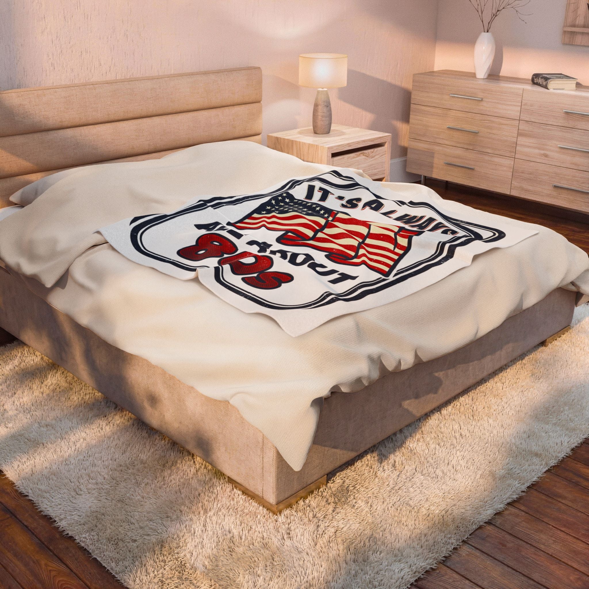 Retro American 80s Velveteen Plush Blanket — "It's Always All About 80s" Flag Throw