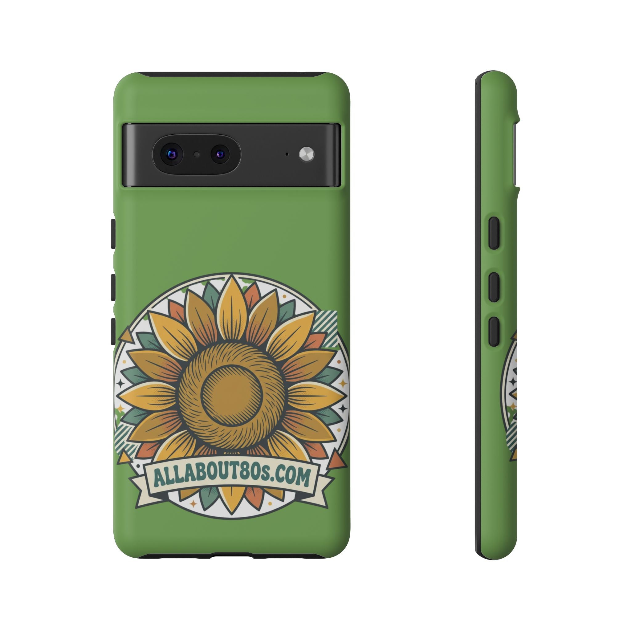Sunflower Tough Phone Case – Green Floral Protective Case with "AllAbout80s.com" Banner