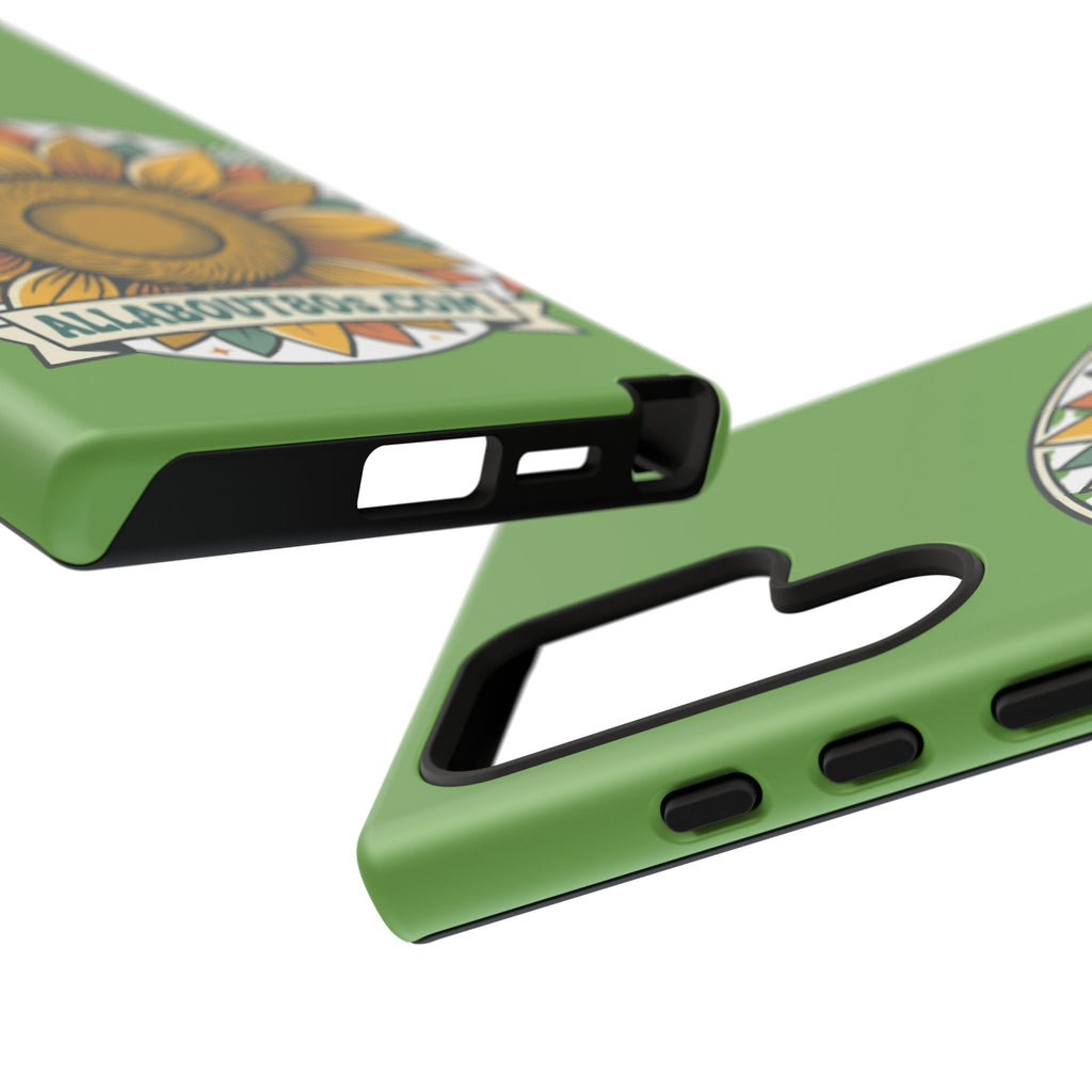 Sunflower Tough Phone Case – Green Floral Protective Case with "AllAbout80s.com" Banner