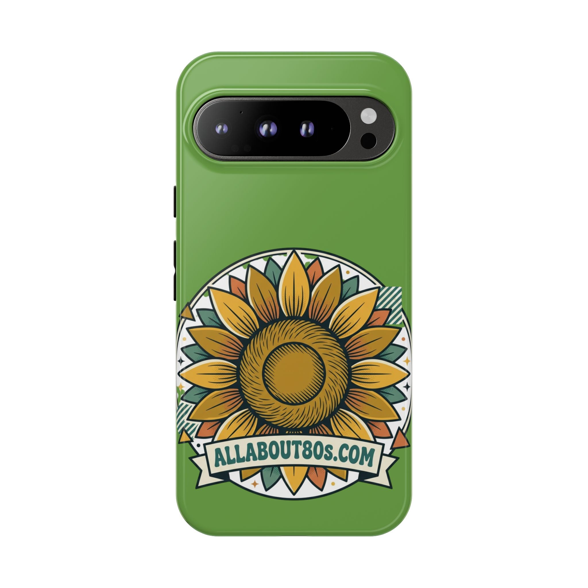 Sunflower Tough Phone Case – Green Floral Protective Case with "AllAbout80s.com" Banner
