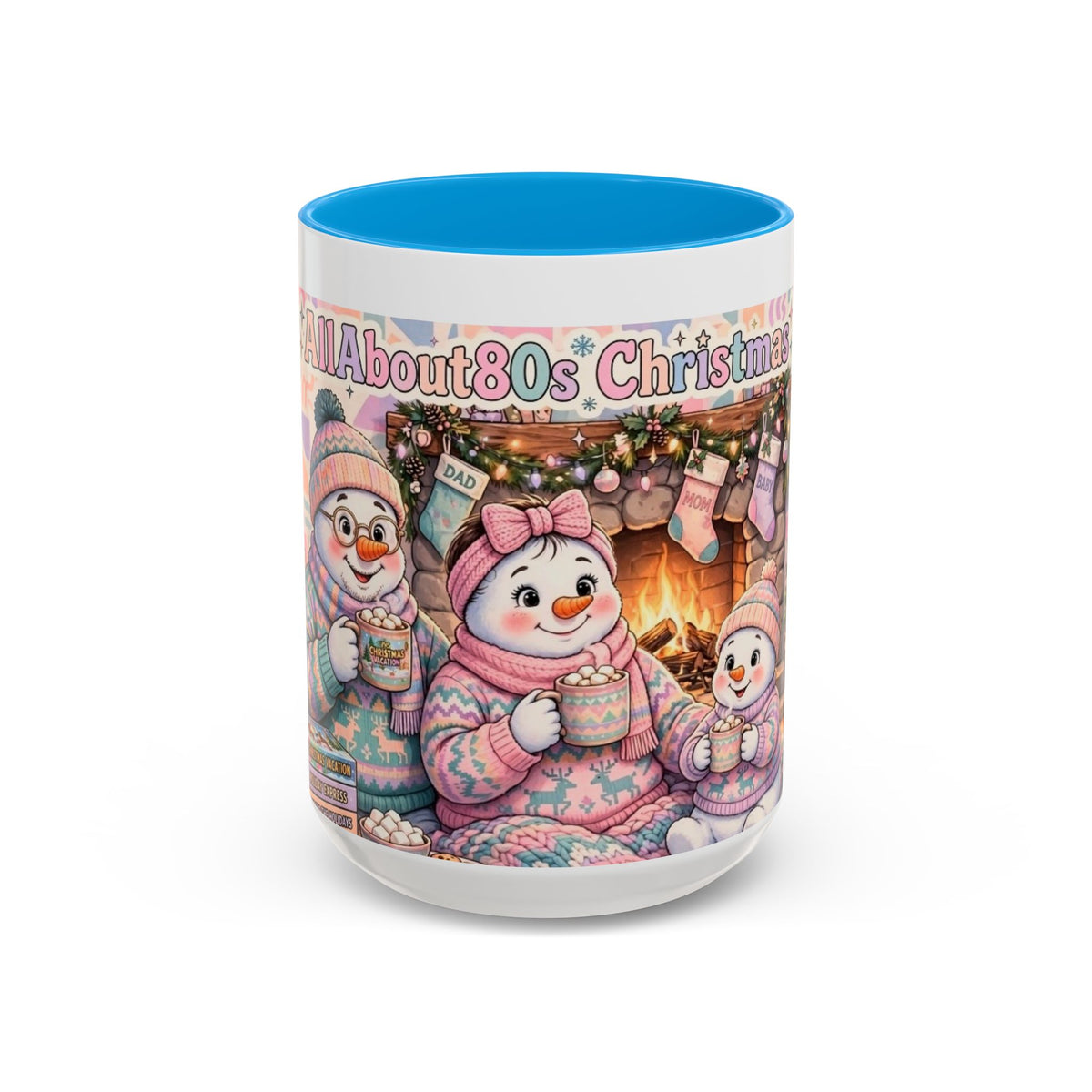 Cute Snowman Christmas Mug — 'All About 80s Christmas' Colorful Holiday Coffee Cup (11oz/15oz)