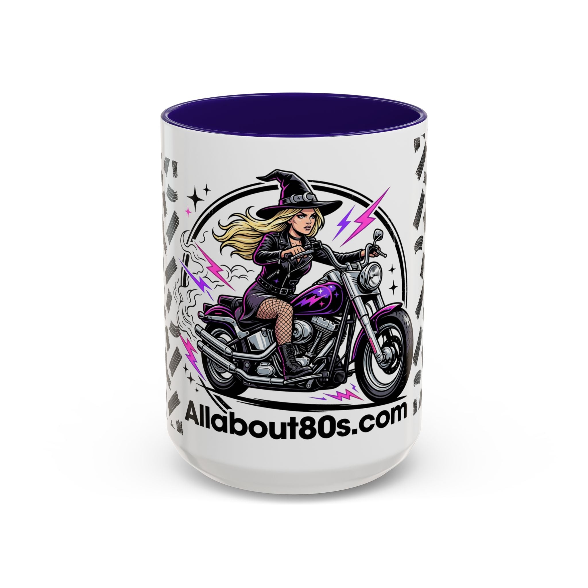 Witch Biker Motorcycle Mug — Retro 80s Neon Witch on Bike Coffee Cup (11oz/15oz)