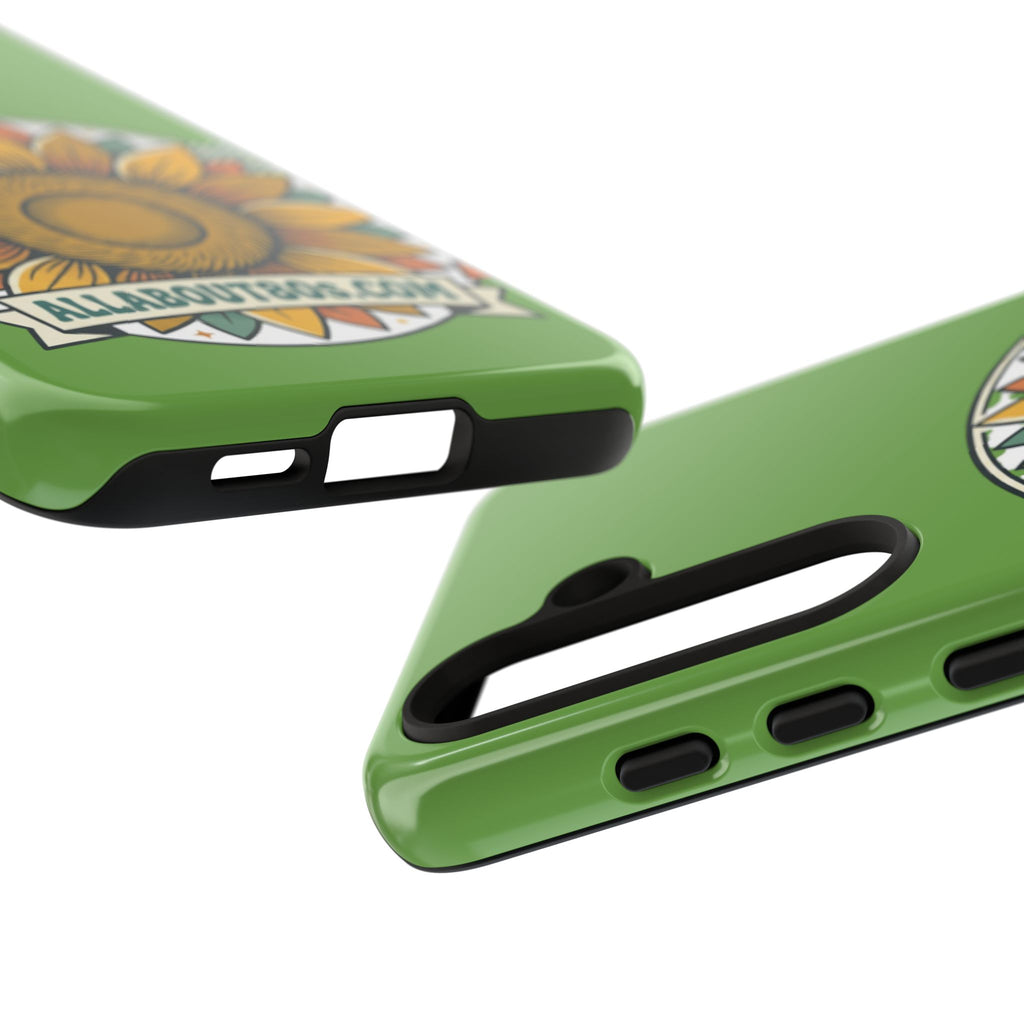 Sunflower Tough Phone Case – Green Floral Protective Case with "AllAbout80s.com" Banner
