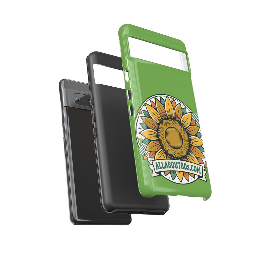Sunflower Tough Phone Case – Green Floral Protective Case with "AllAbout80s.com" Banner