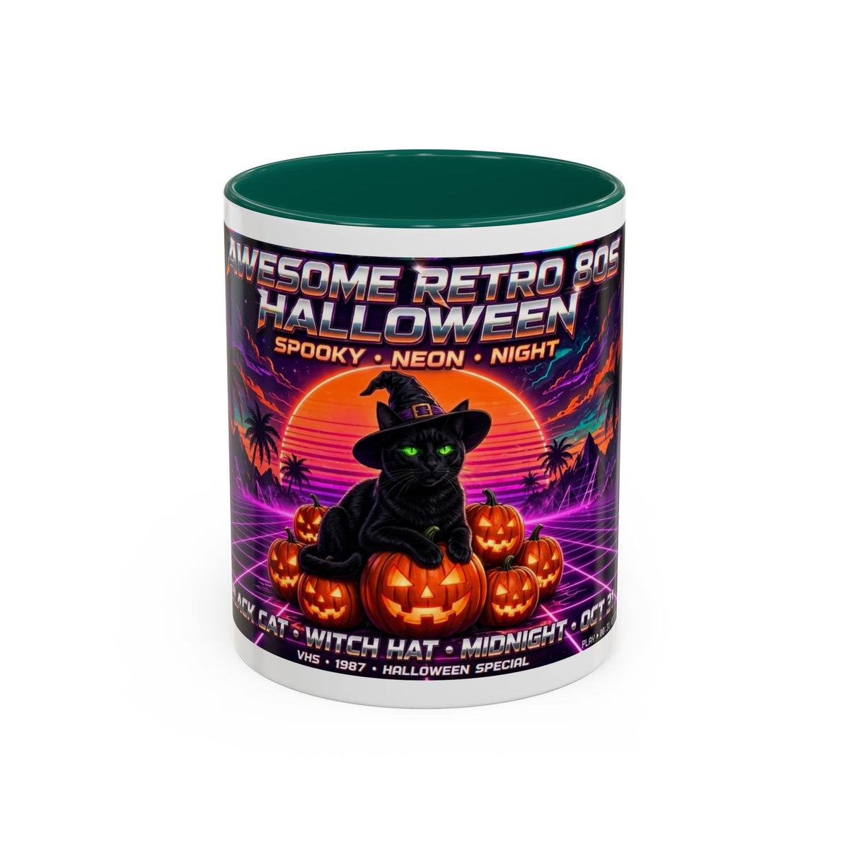 Halloween Retro Cat Mug — Neon 80s Spooky Pumpkin Coffee Cup (11oz/15oz)