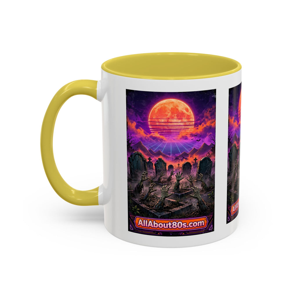 80s Retro Graveyard Sunset Mug — Vaporwave Neon Coffins Coffee Cup (11oz/15oz)