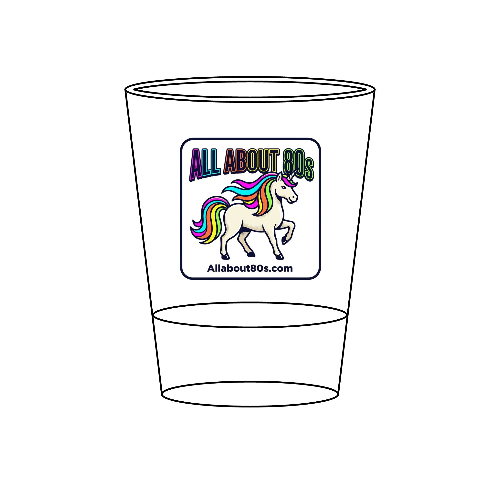 Shot Glass — "All About 80s" Rainbow Unicorn Engraved 1.5oz Collectible
