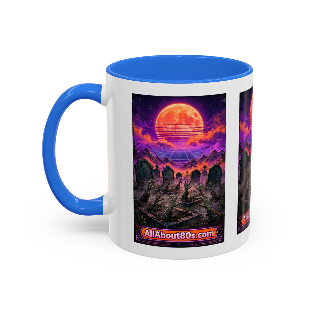 80s Retro Graveyard Sunset Mug — Vaporwave Neon Coffins Coffee Cup (11oz/15oz)