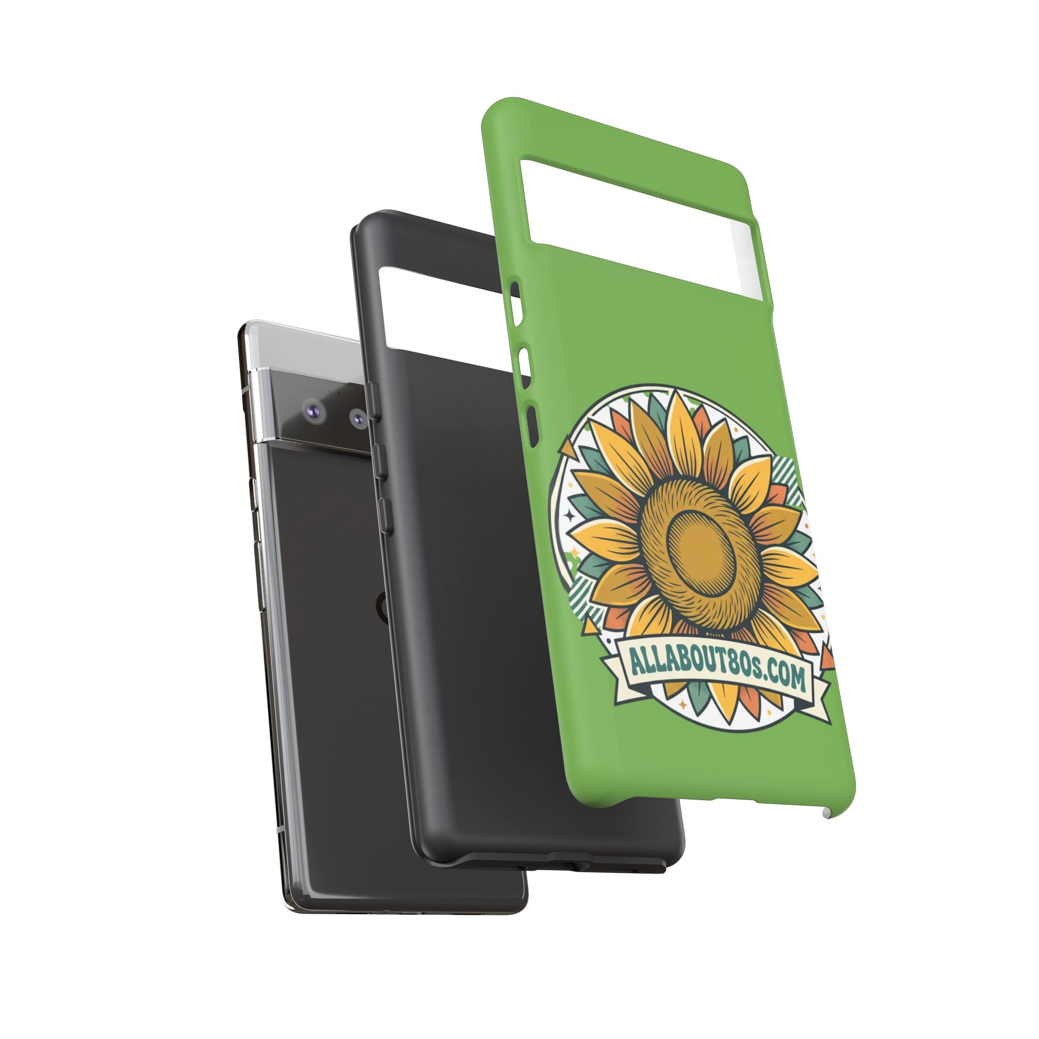 Sunflower Tough Phone Case – Green Floral Protective Case with "AllAbout80s.com" Banner