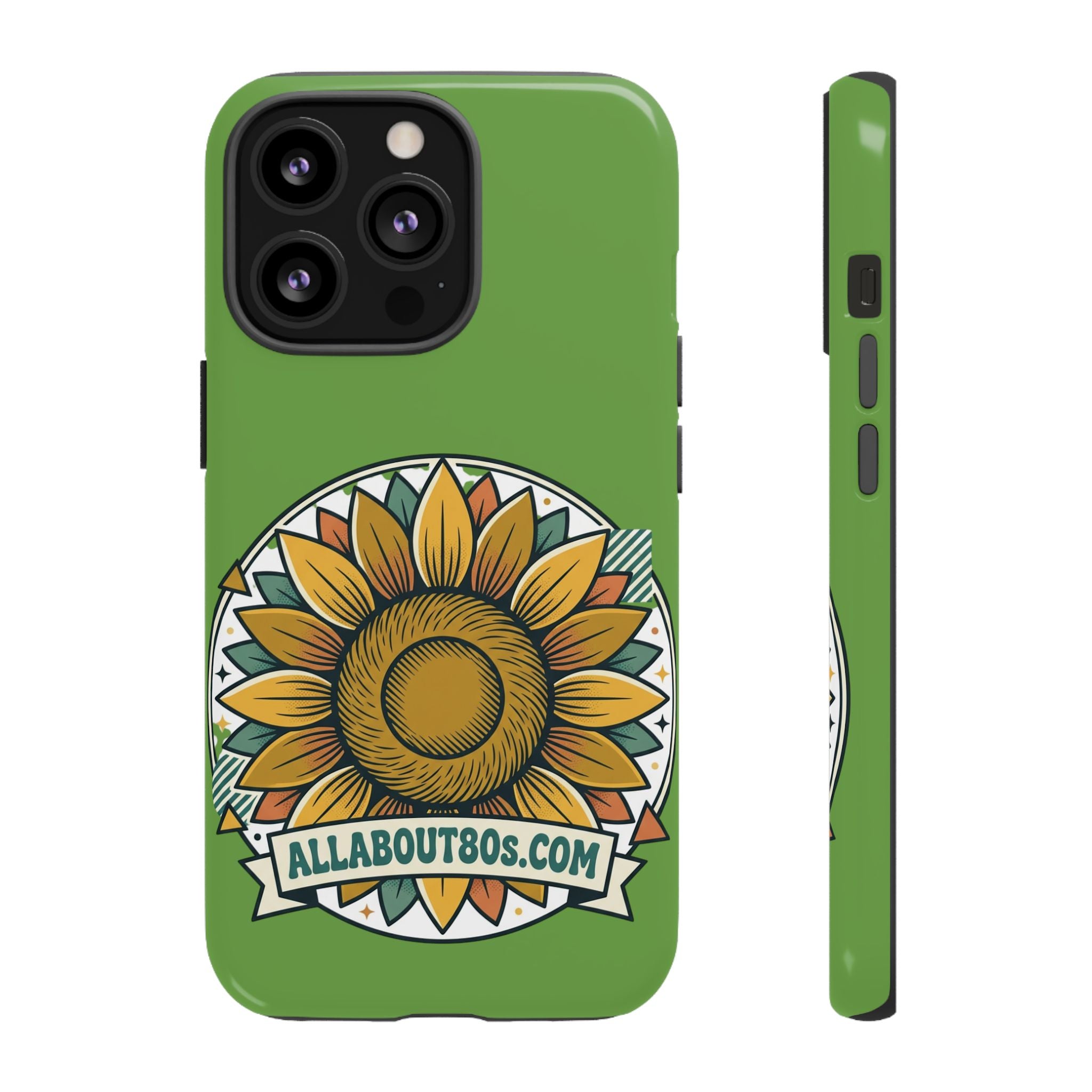 Sunflower Tough Phone Case – Green Floral Protective Case with "AllAbout80s.com" Banner