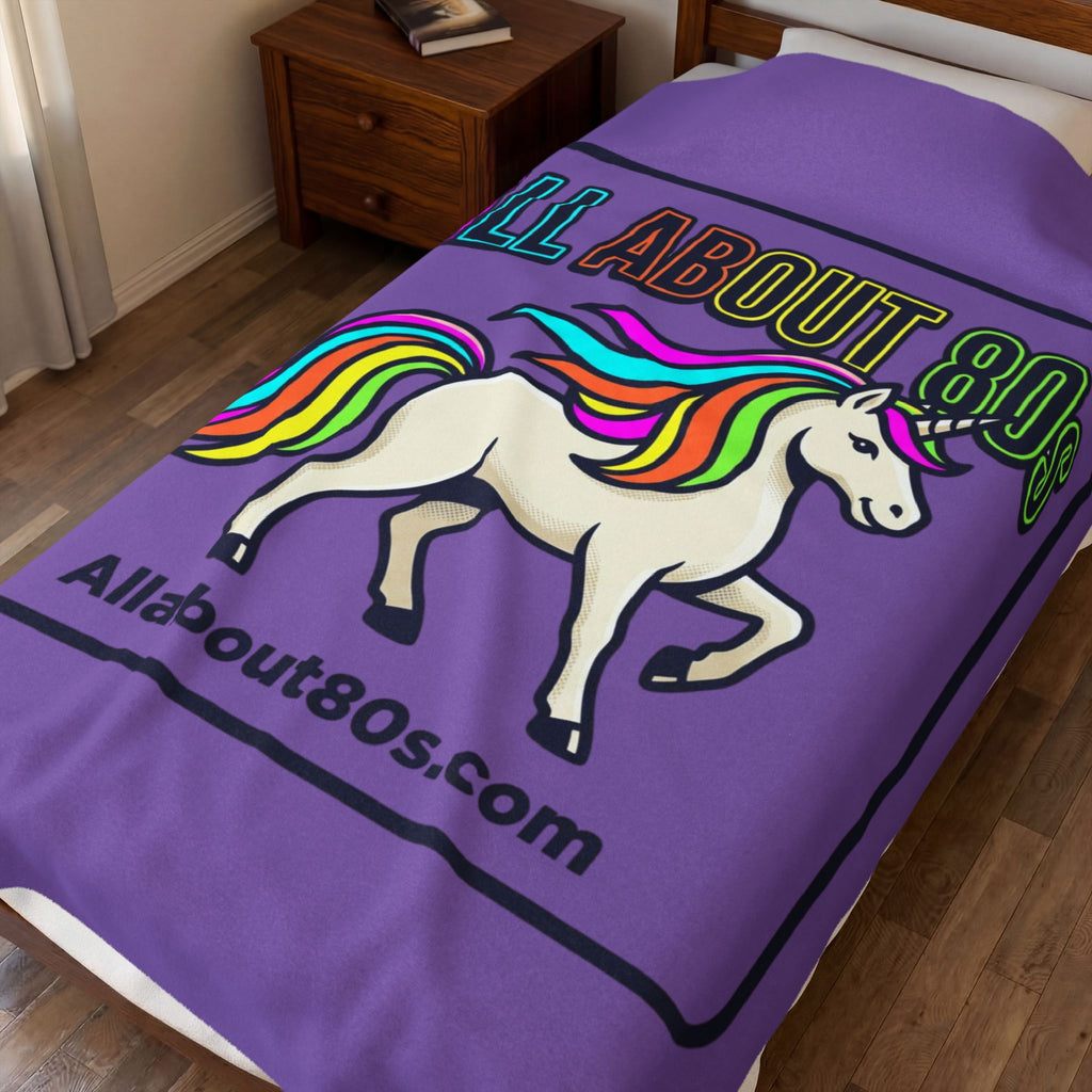 All About 80s Rainbow Unicorn Velveteen Plush Blanket – Retro 80s Cozy Throw