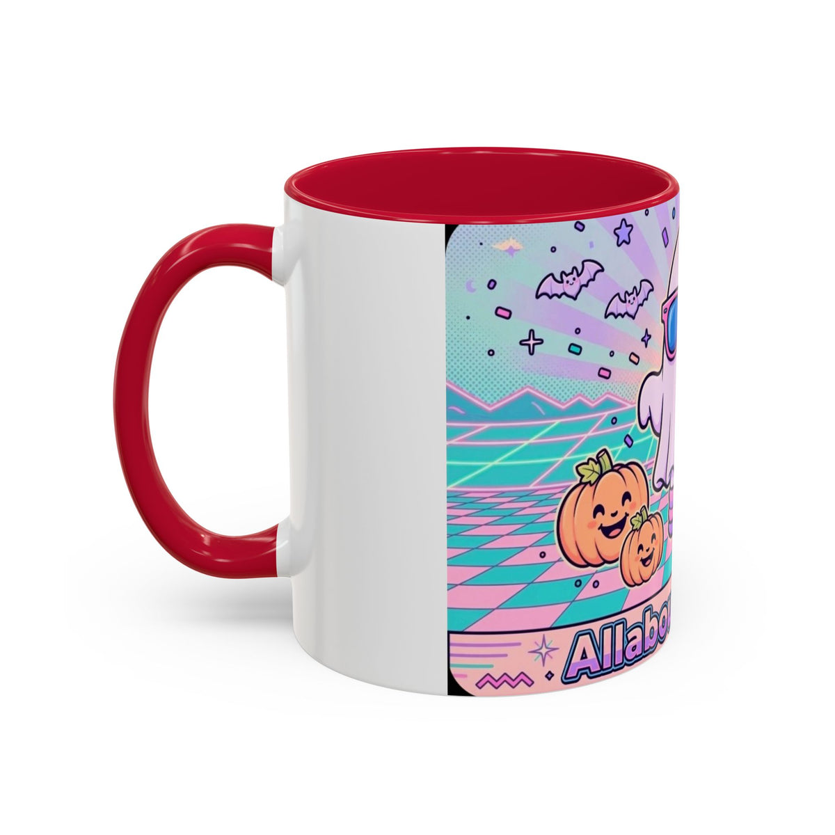 80s Vaporwave Ghost Coffee Mug — Cute Halloween Pumpkin Retro Design (11oz/15oz)