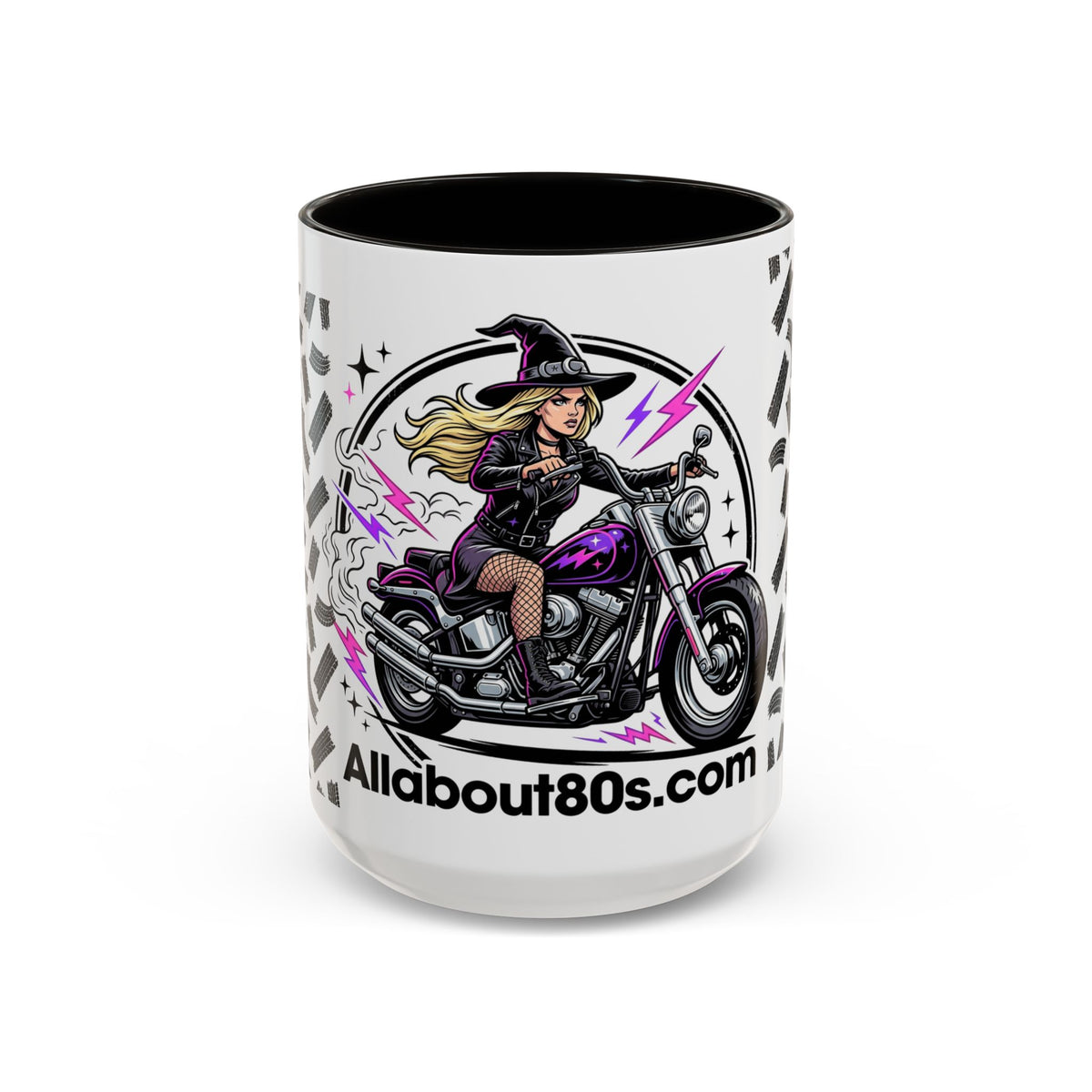 Witch Biker Motorcycle Mug — Retro 80s Neon Witch on Bike Coffee Cup (11oz/15oz)