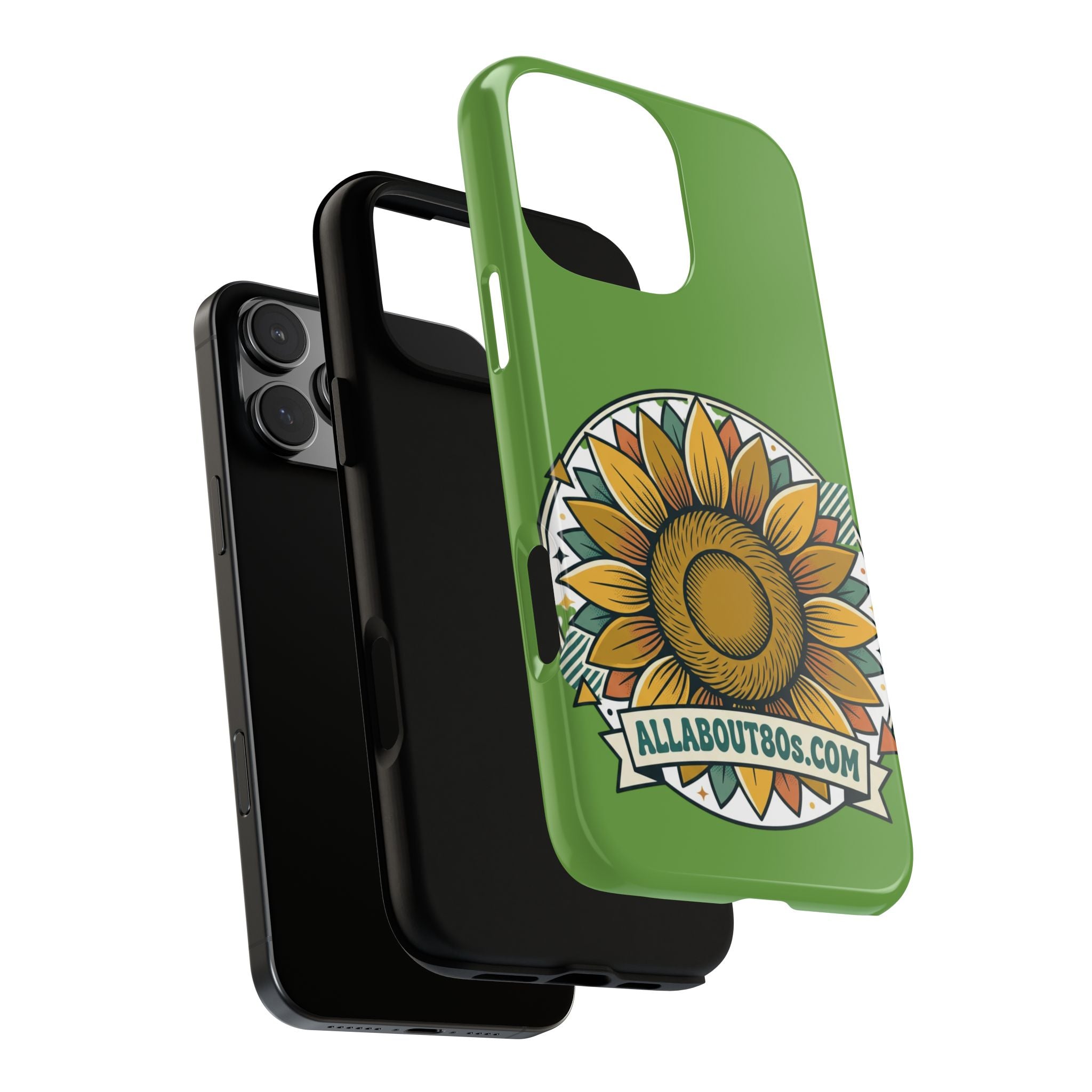 Sunflower Tough Phone Case – Green Floral Protective Case with "AllAbout80s.com" Banner