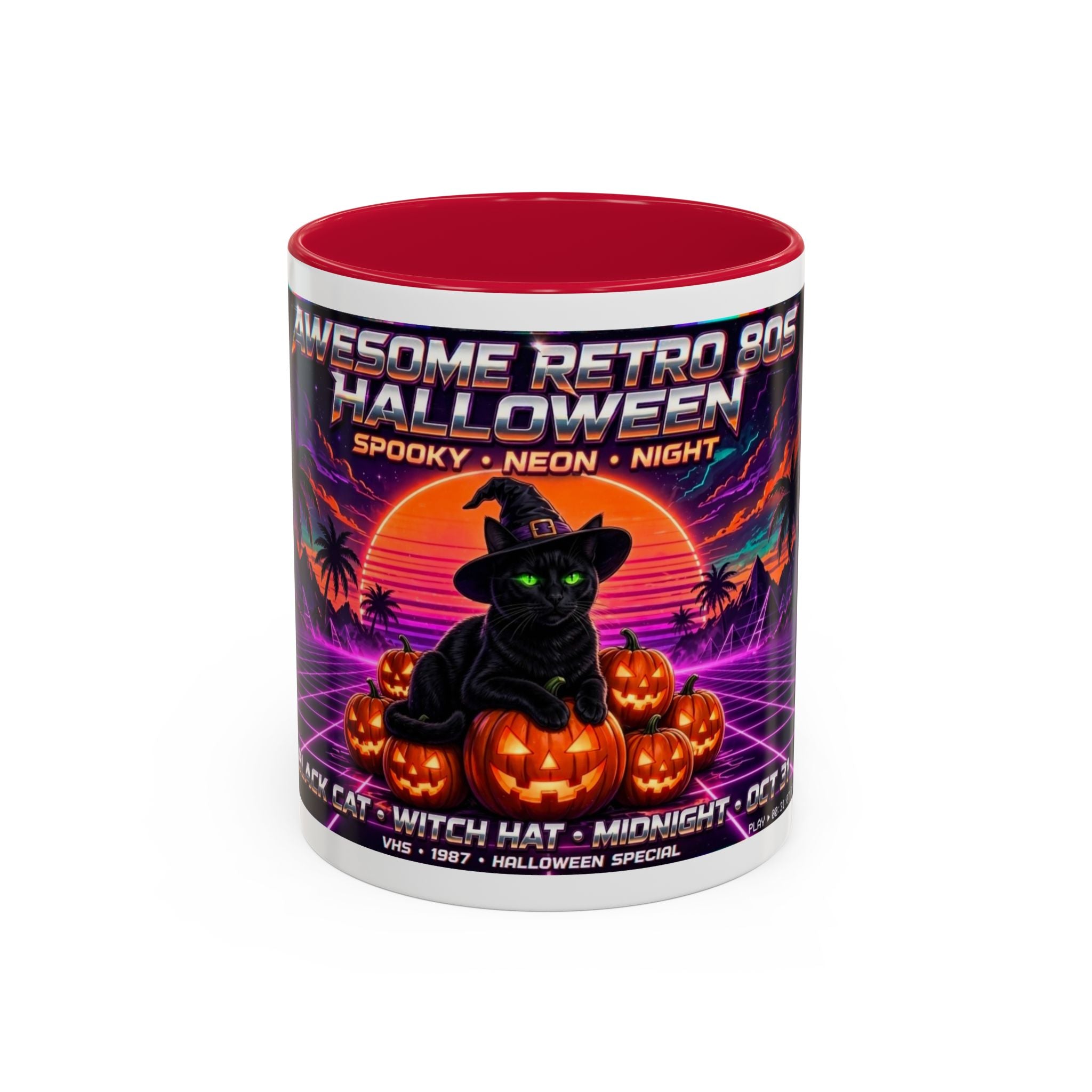 Halloween Retro Cat Mug — Neon 80s Spooky Pumpkin Coffee Cup (11oz/15oz)
