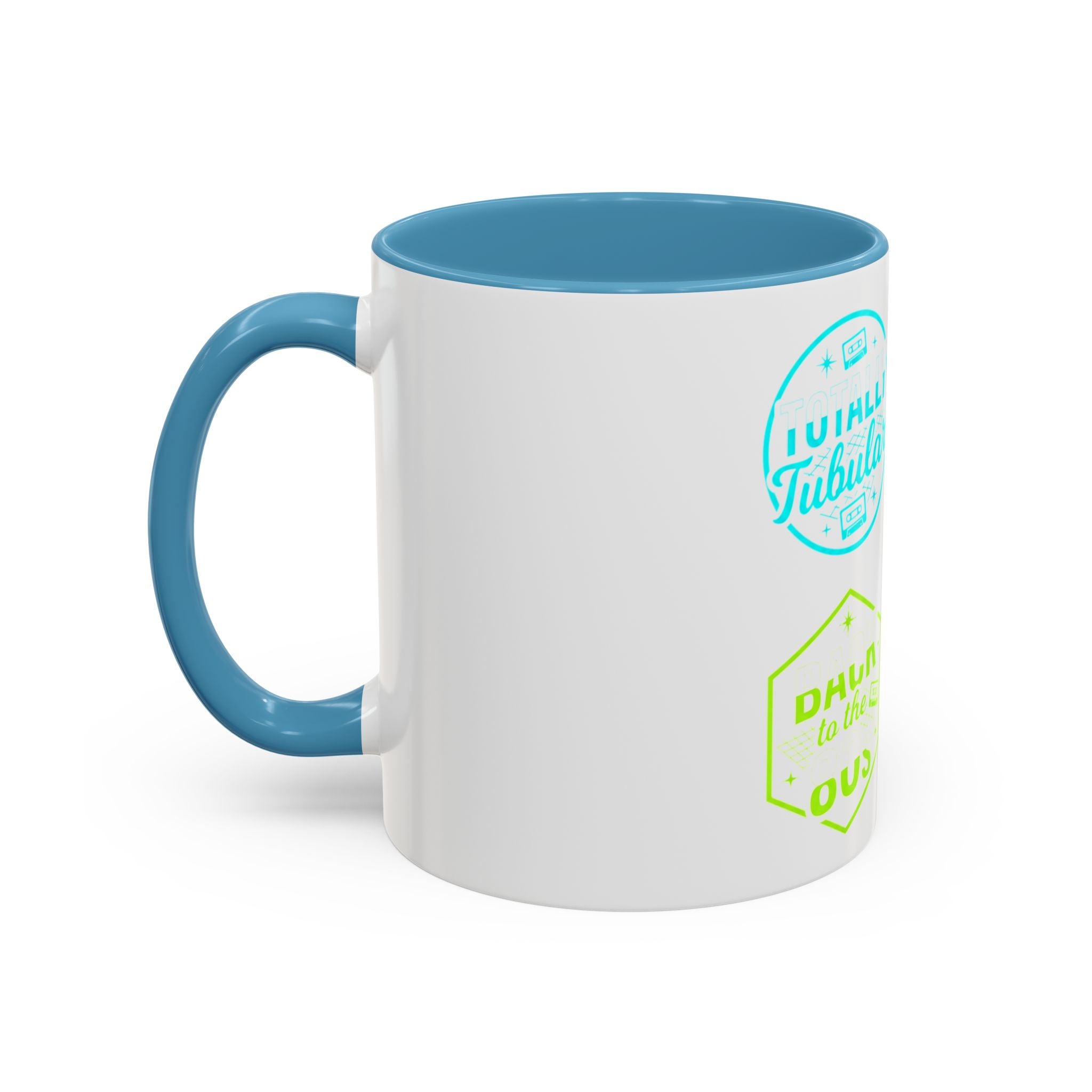 Retro Gamer Badge Accent Coffee Mug — Neon 'Totally Tubular' & 80s Gamer Icons (11/15oz)