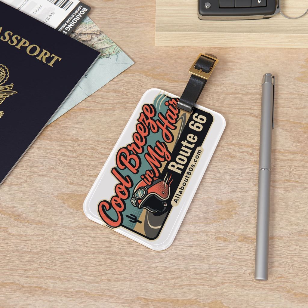 Route 66 'Cool Breeze in My Hair' Luggage Tag — Retro Motorcycle Travel ID