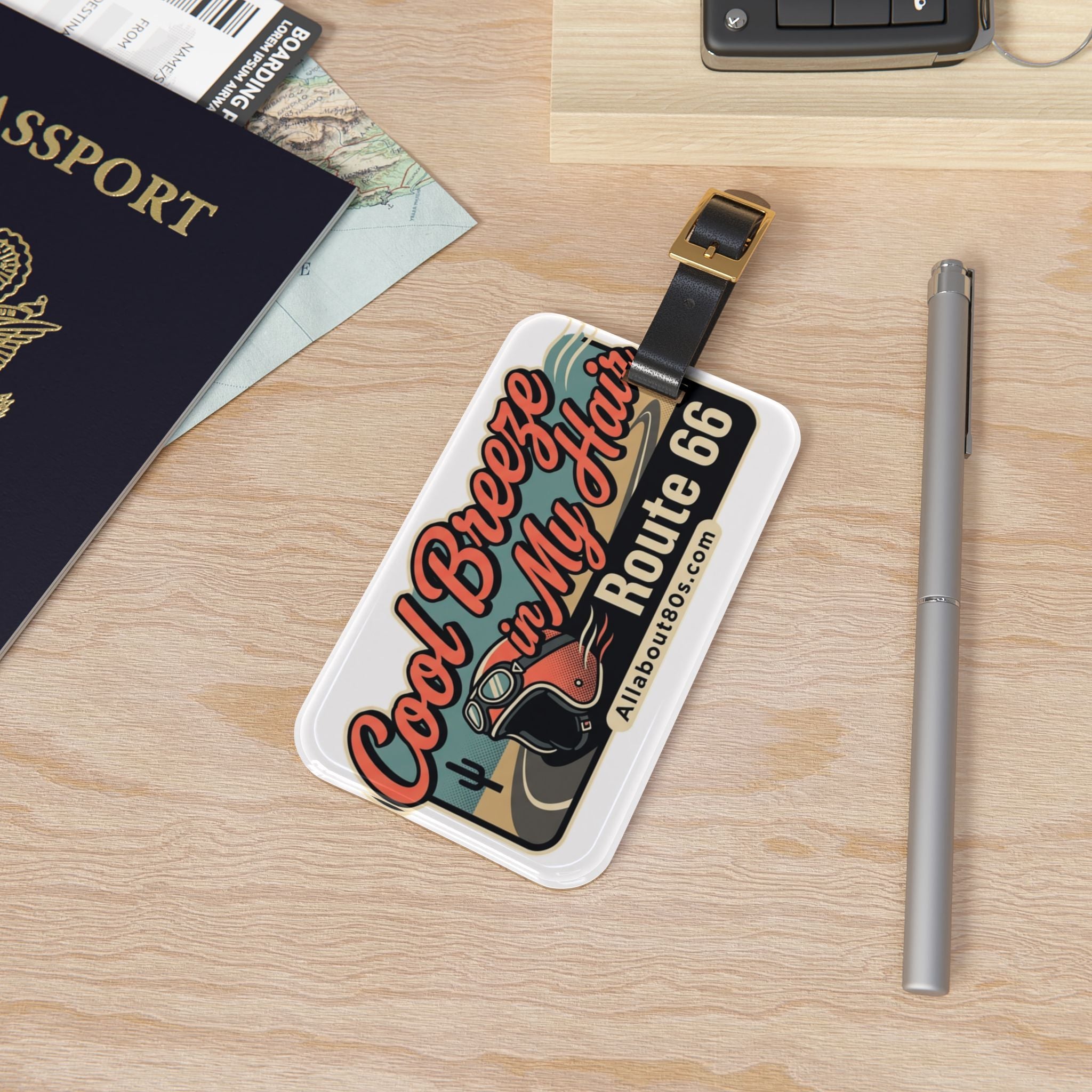Route 66 'Cool Breeze in My Hair' Luggage Tag — Retro Motorcycle Travel ID