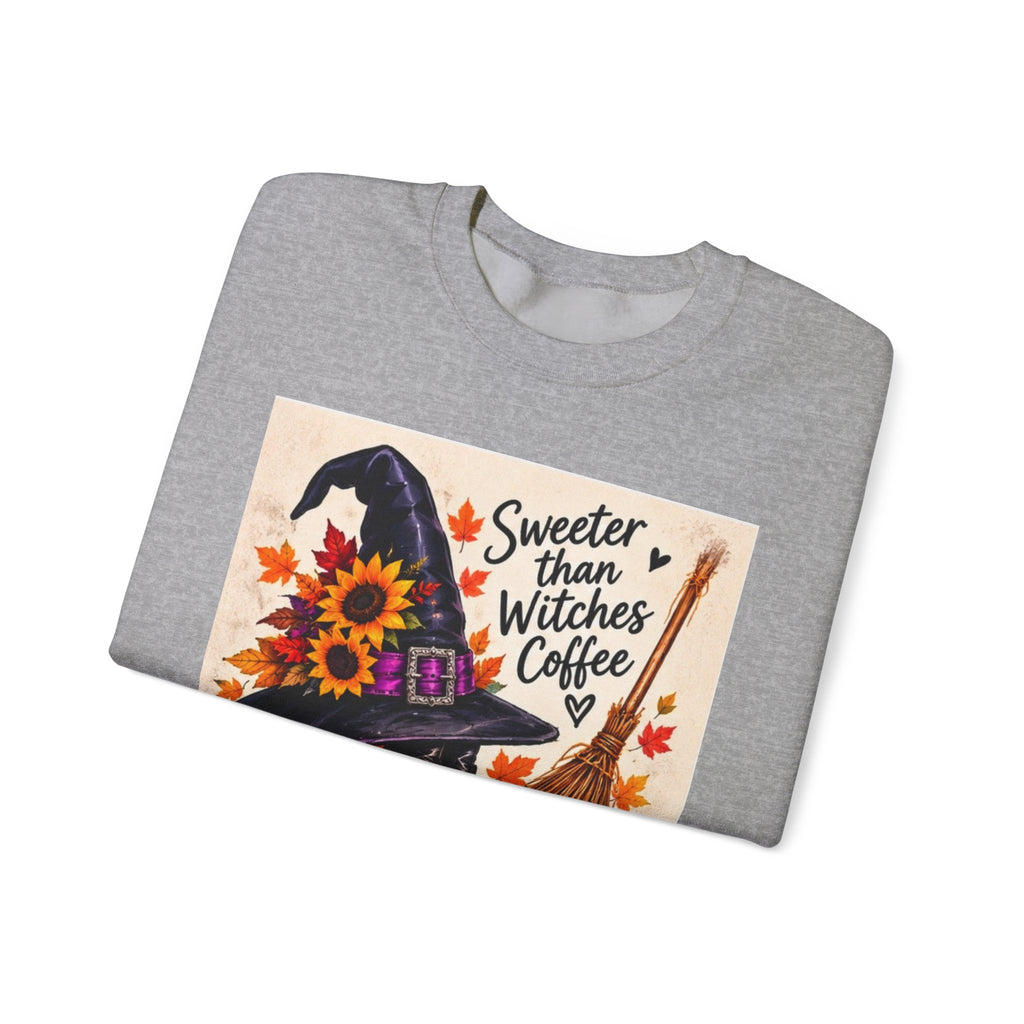 Sweater — 'Sweeter Than Witches Coffee' Halloween Witch Graphic Crewneck Sweatshirt