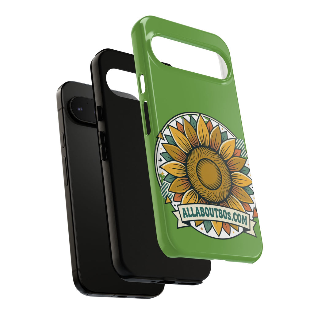 Sunflower Tough Phone Case – Green Floral Protective Case with "AllAbout80s.com" Banner