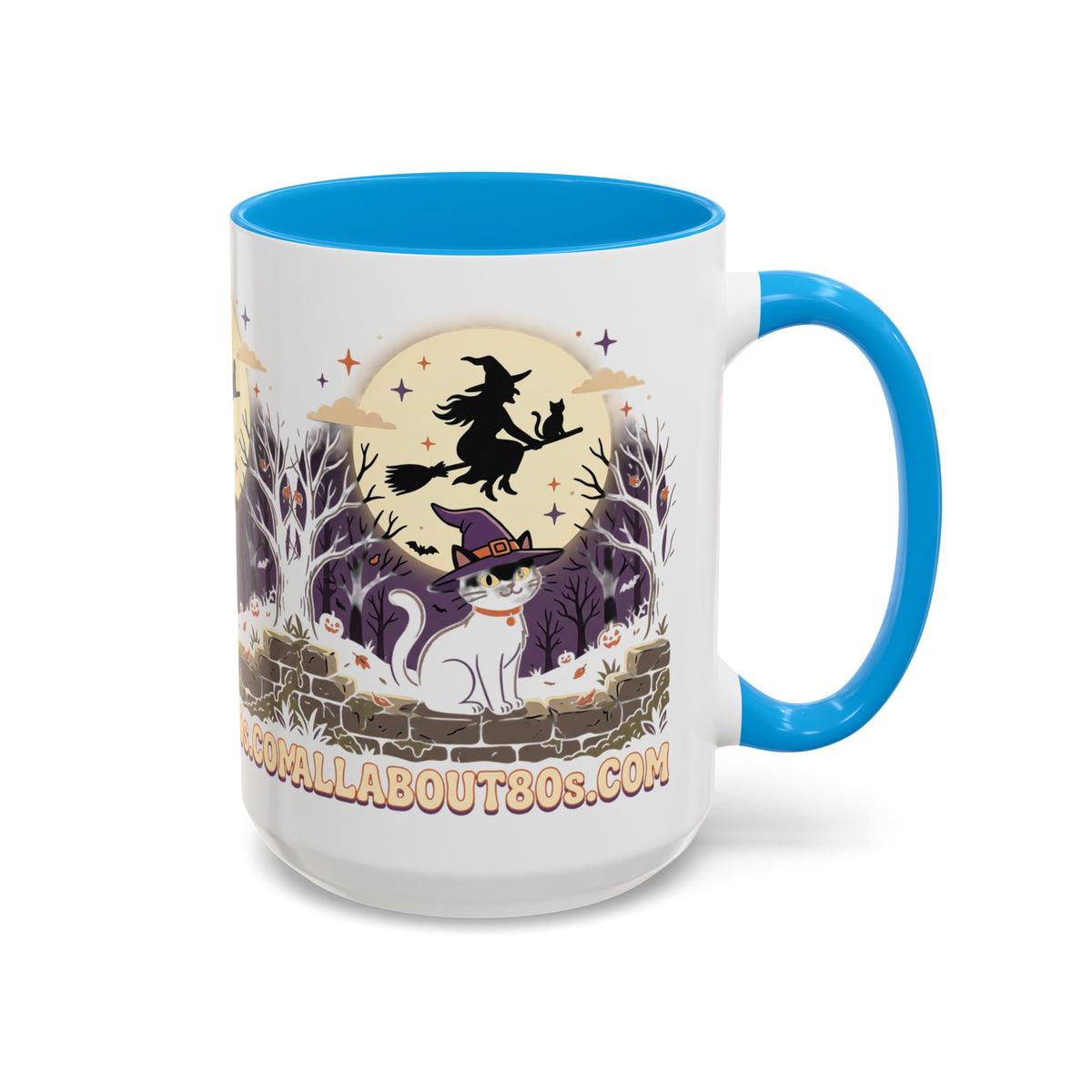 Halloween Cat Witch Mug – Cute Witch Hat Cat with Flying Witch Silhouette (11oz/15oz)