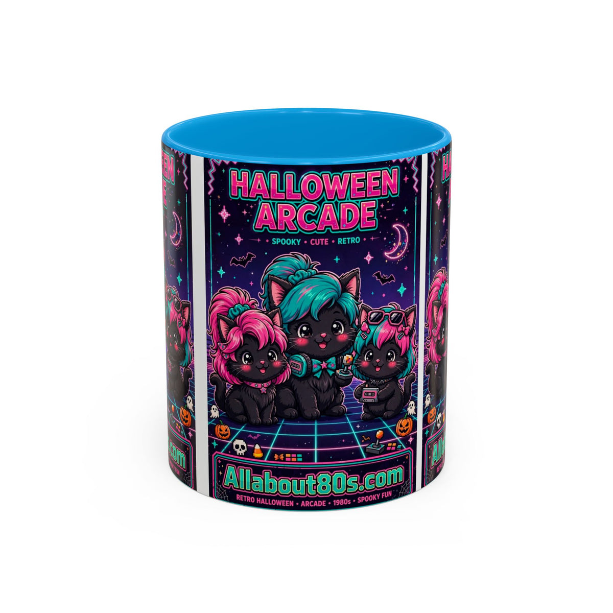 Halloween Arcade Mug — Cute Retro 80s Cat Gamers (11oz/15oz)
