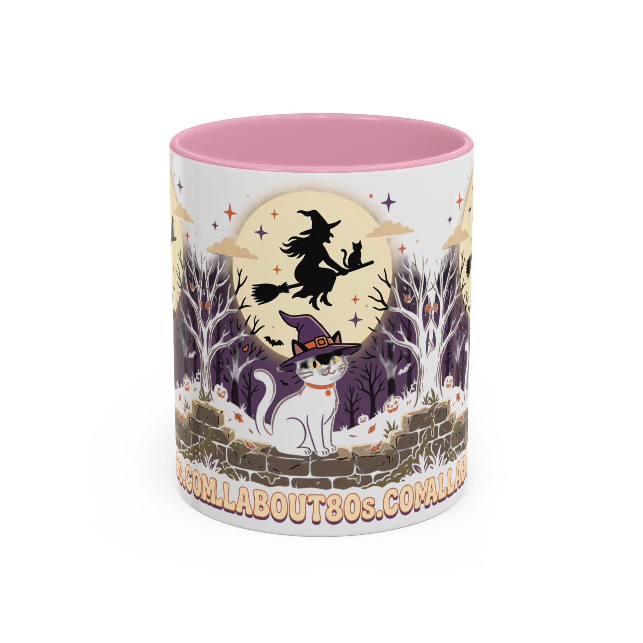 Halloween Cat Witch Mug – Cute Witch Hat Cat with Flying Witch Silhouette (11oz/15oz)