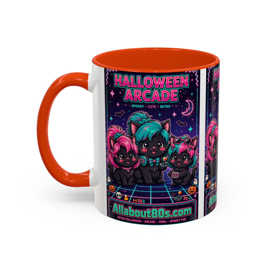 Halloween Arcade Mug — Cute Retro 80s Cat Gamers (11oz/15oz)