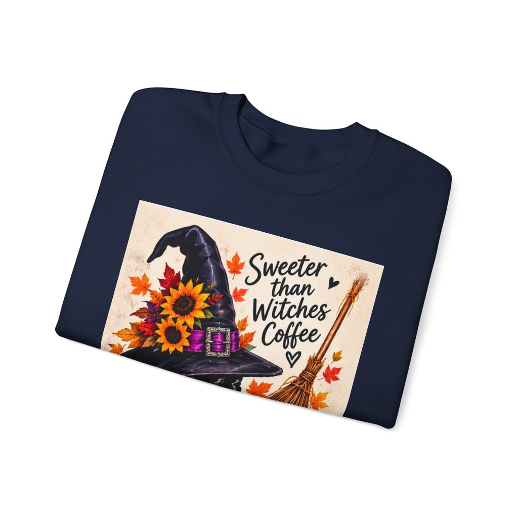Sweater — 'Sweeter Than Witches Coffee' Halloween Witch Graphic Crewneck Sweatshirt