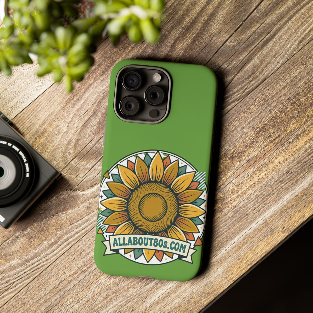 Sunflower Tough Phone Case – Green Floral Protective Case with "AllAbout80s.com" Banner