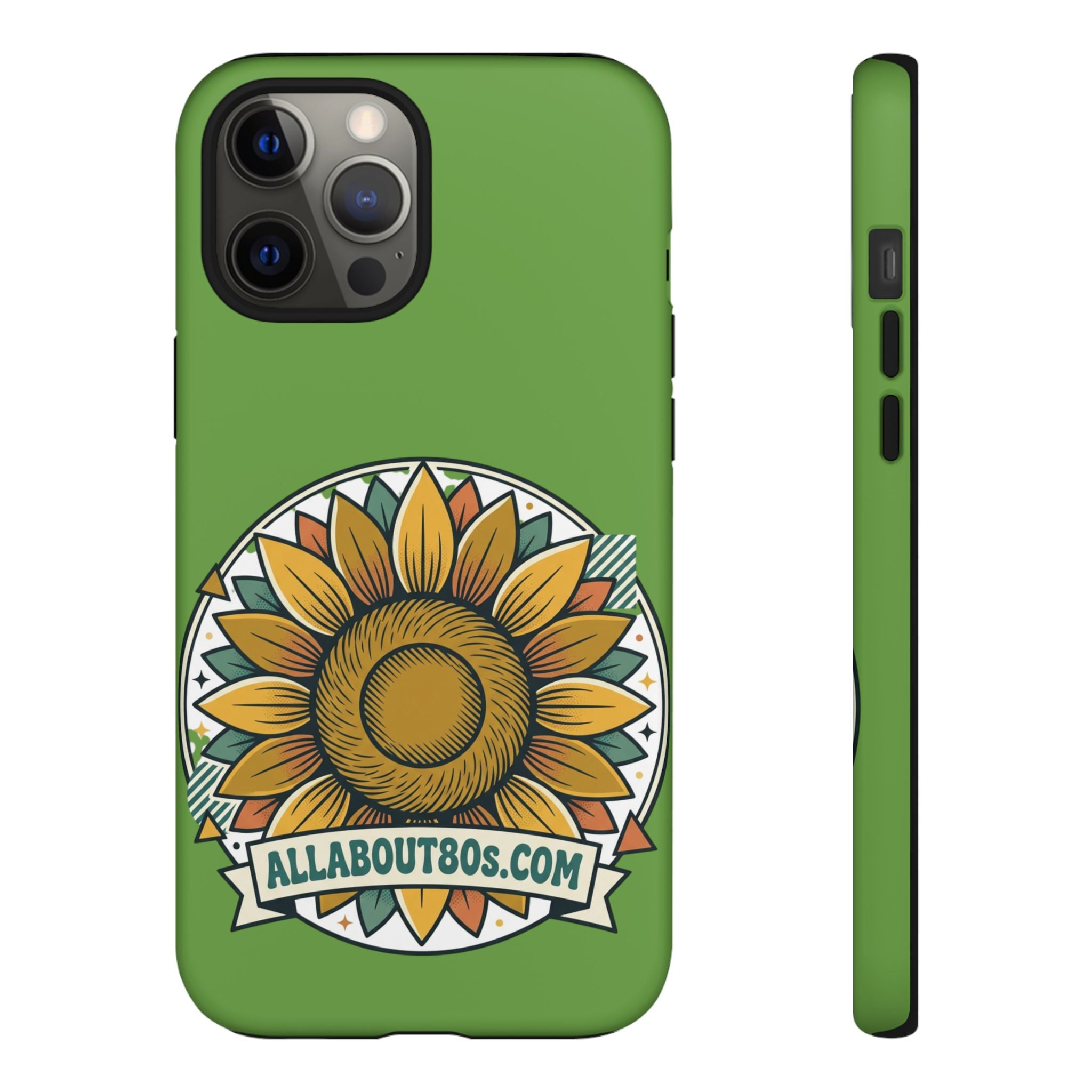 Sunflower Tough Phone Case – Green Floral Protective Case with "AllAbout80s.com" Banner