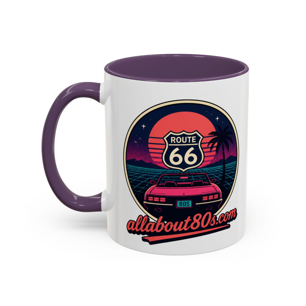 Route 66 Retro 80s Accent Coffee Mug — 'allabout80s' Vintage Sunset Design (11/15oz)