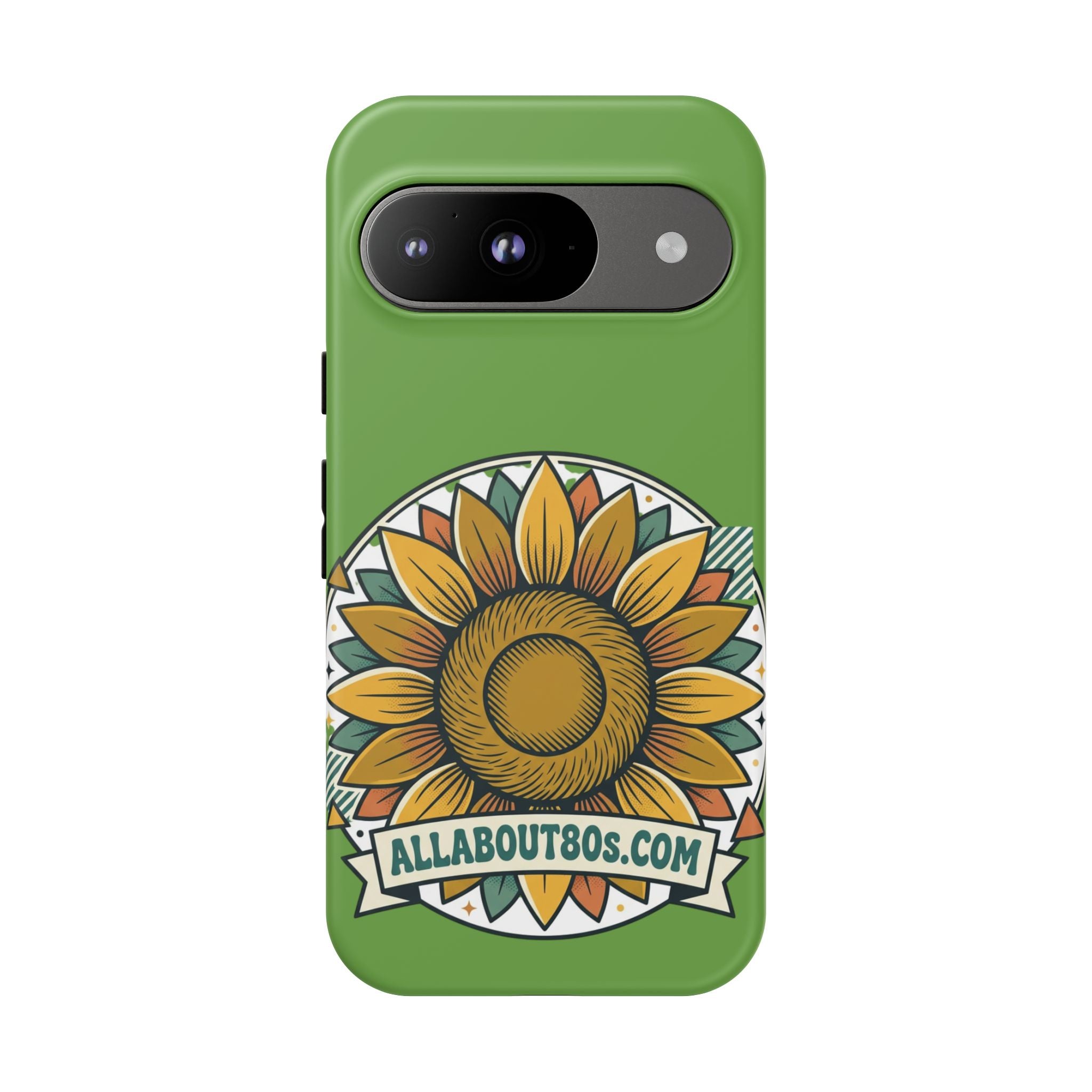 Sunflower Tough Phone Case – Green Floral Protective Case with "AllAbout80s.com" Banner