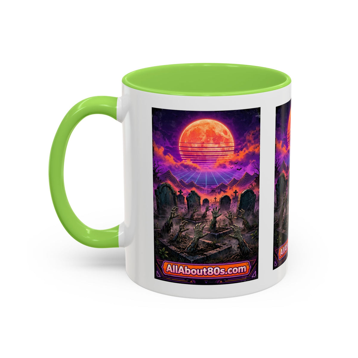 80s Retro Graveyard Sunset Mug — Vaporwave Neon Coffins Coffee Cup (11oz/15oz)